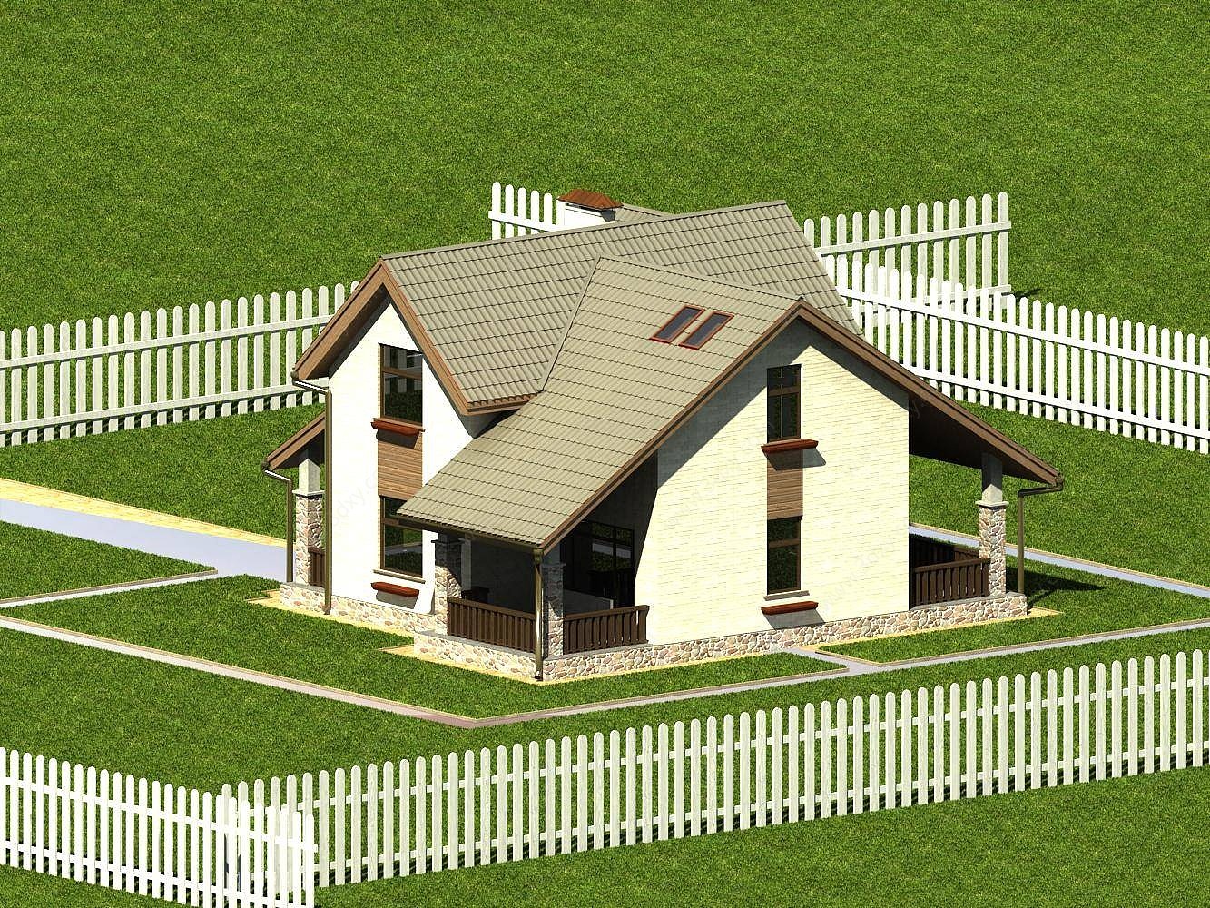 美式独栋别墅建筑外观3D模型