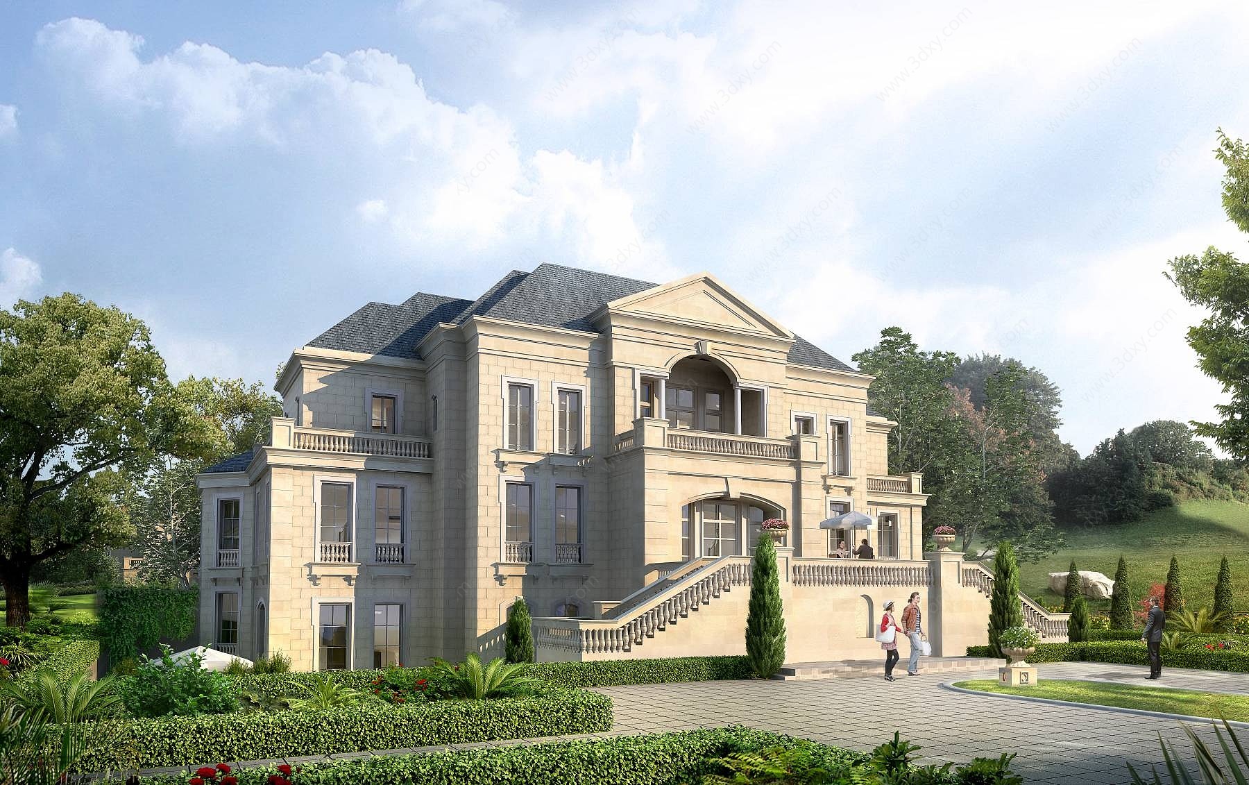 新古典独栋别墅建筑外观3D模型
