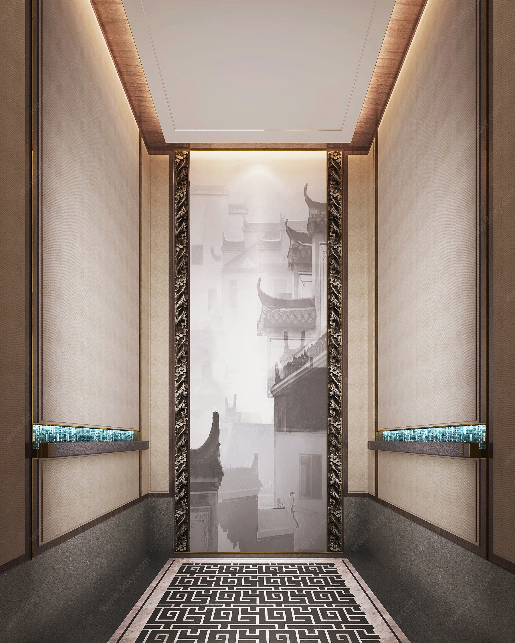 新中式轻奢电梯轿厢3D模型