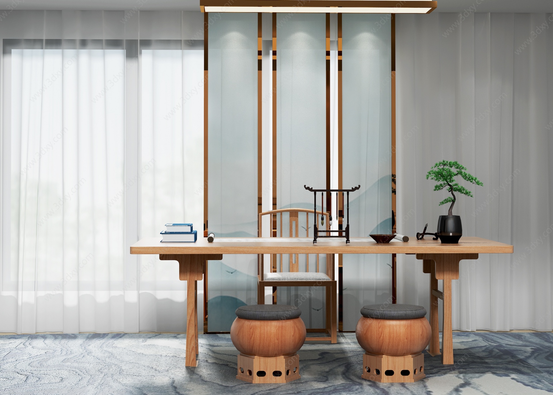 新中式实木书桌椅3D模型