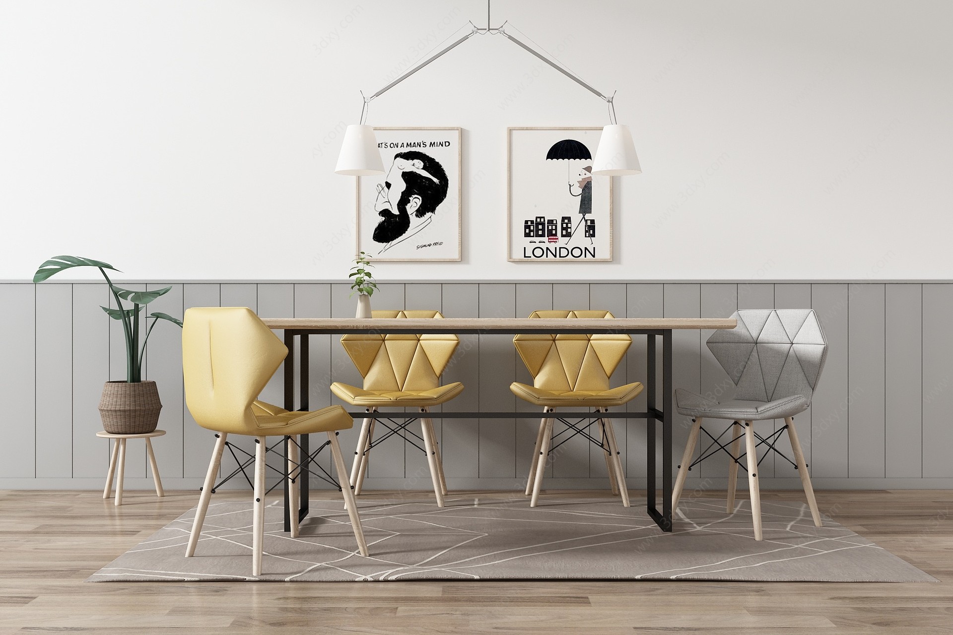 北欧餐桌椅吊灯装饰画3D模型