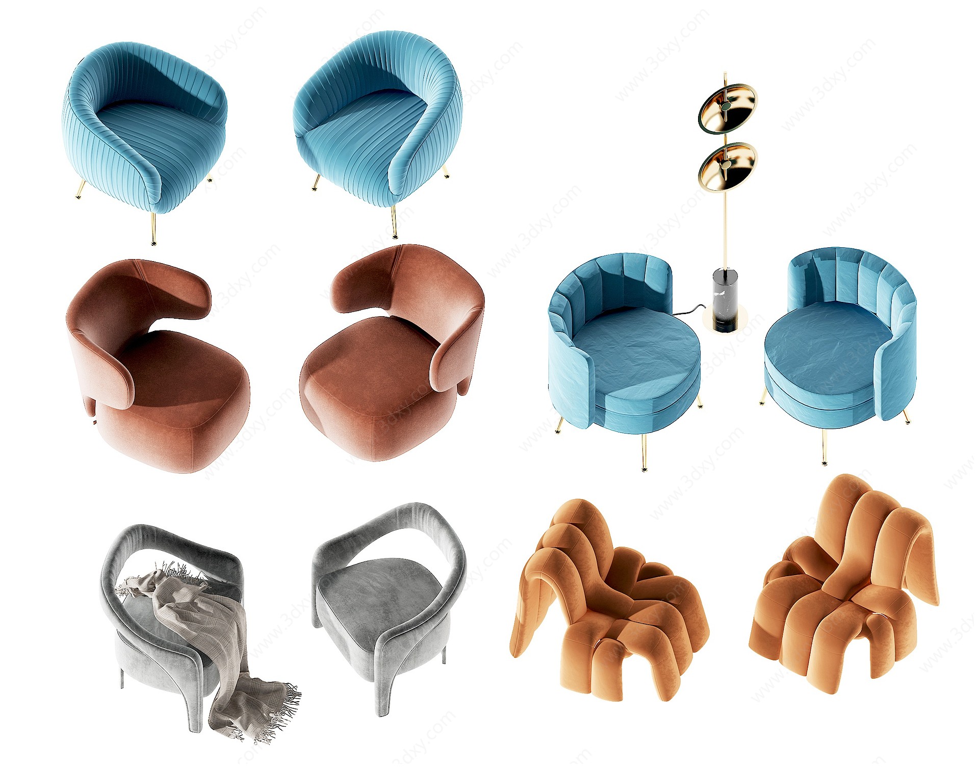 现代绒布单人沙发组合3D模型