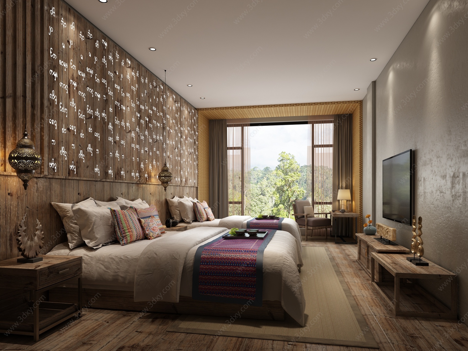 新中式卧室酒店客房3D模型