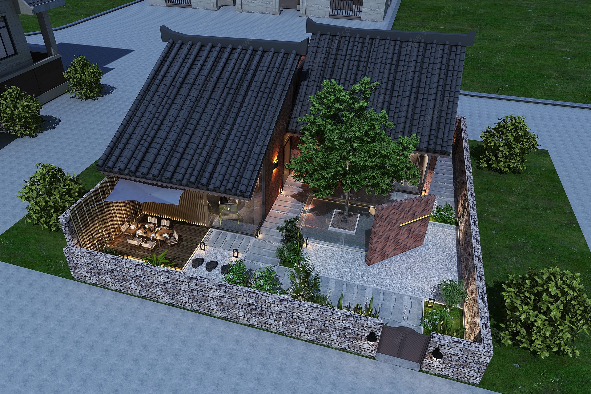 中式户外院子民宿花园3D模型