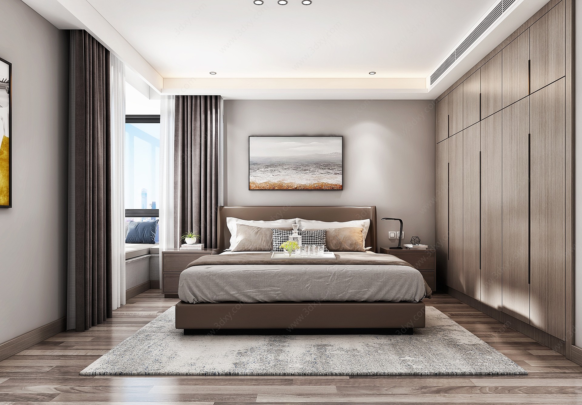 现代卧室挂画窗帘地毯3D模型