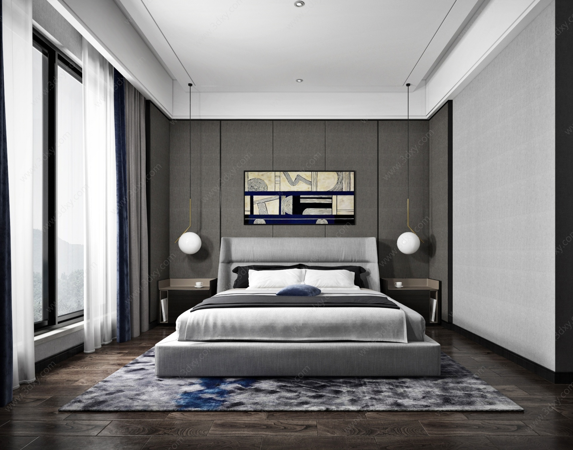现代黑白灰现代卧室3D模型