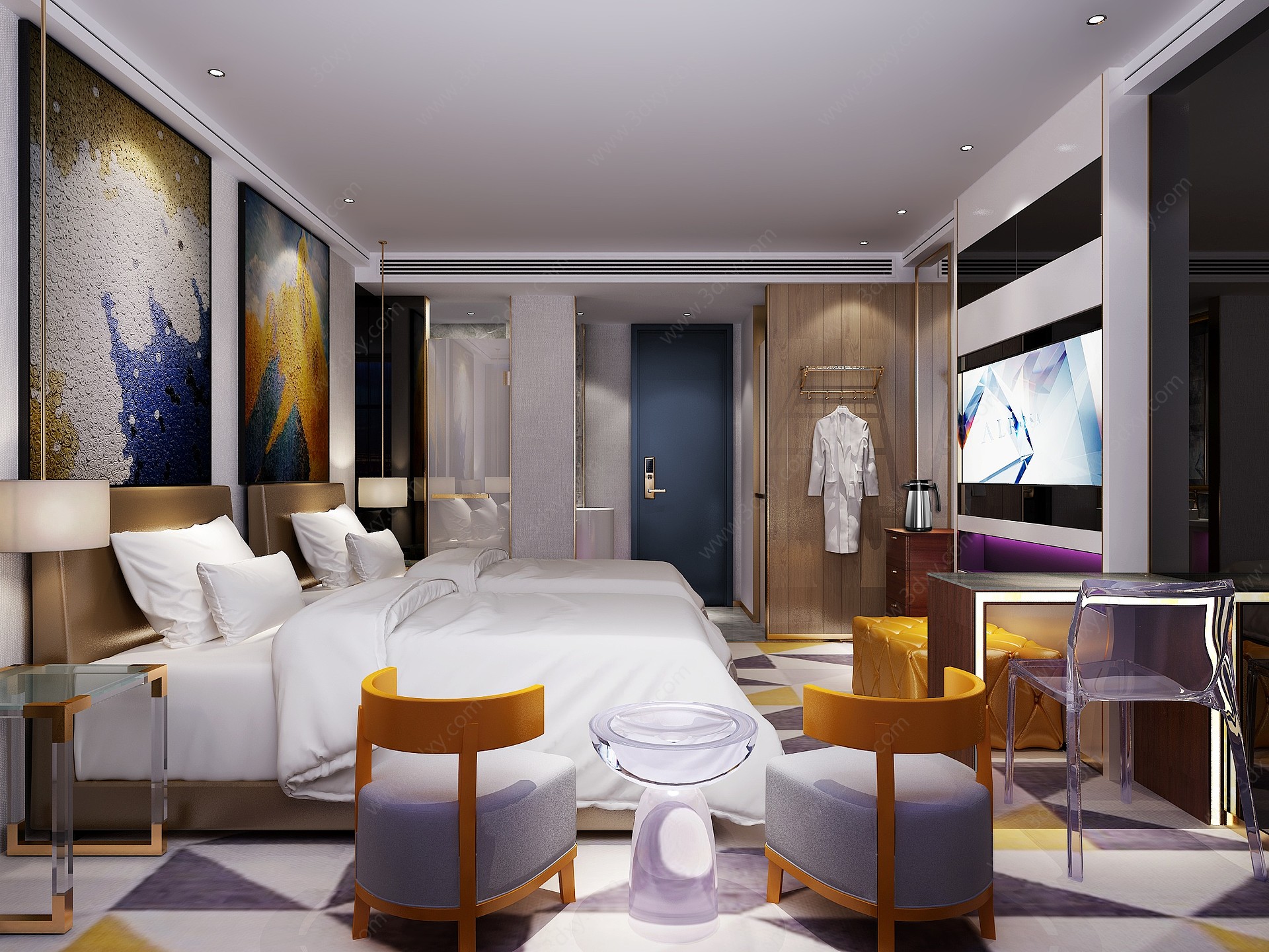 现代酒店双床房3D模型
