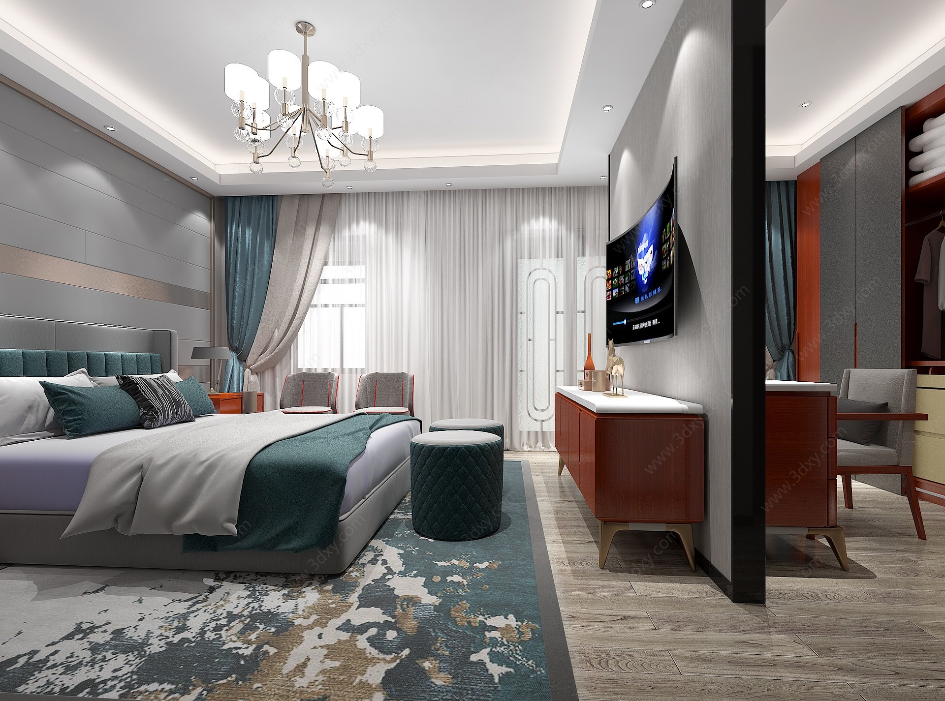 现代奢华卧室床电视柜边柜3D模型
