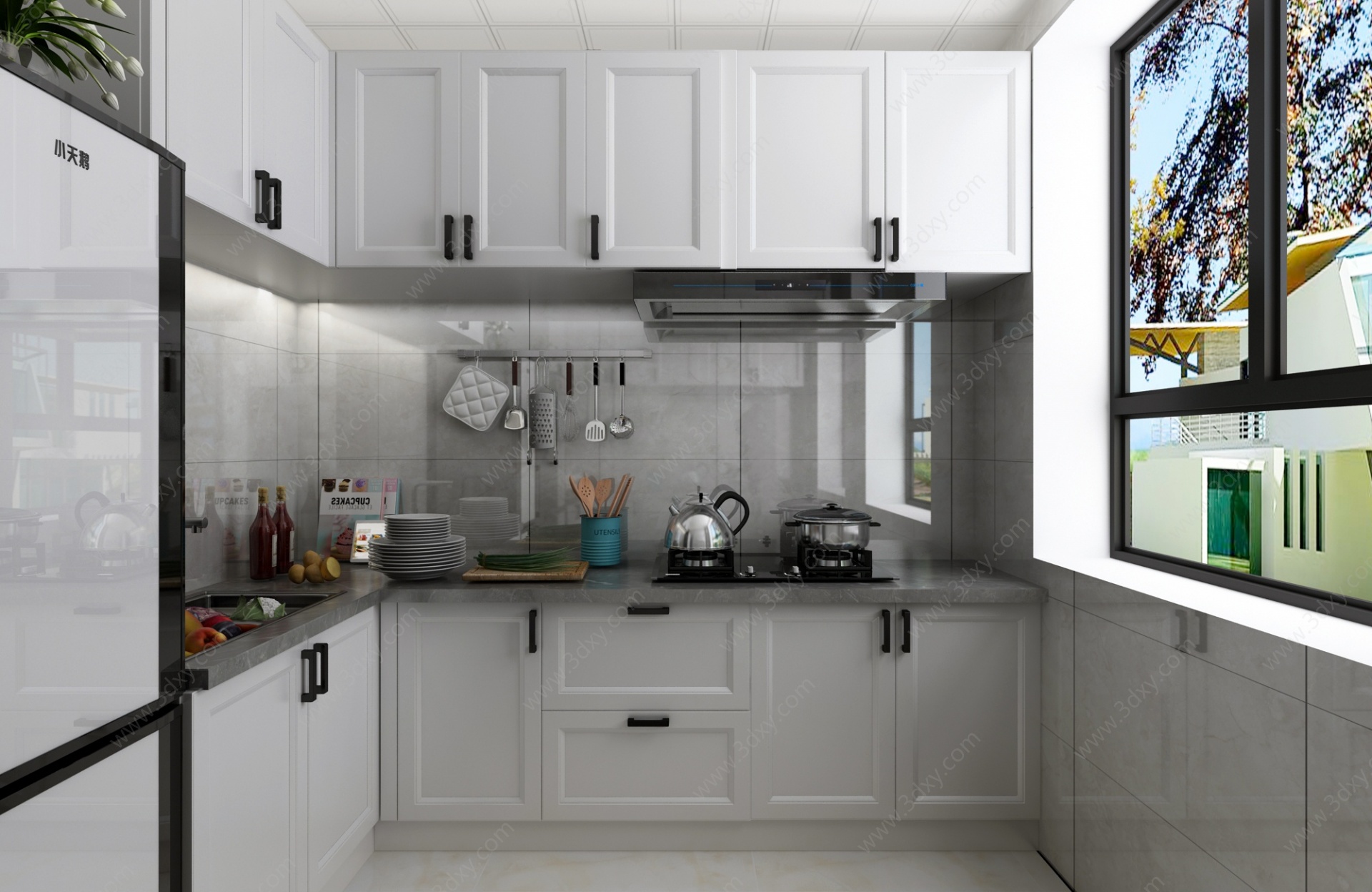 现代厨房橱柜炉具吊顶3D模型
