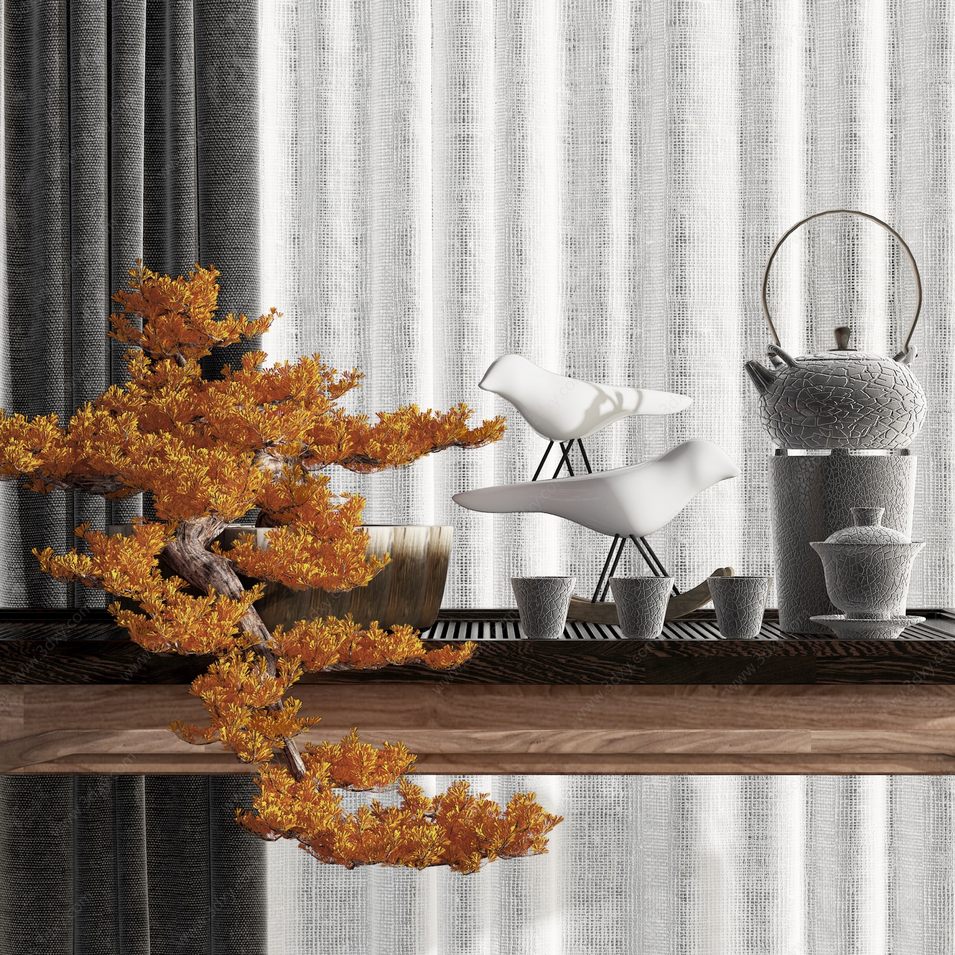 新中式松树盆景茶具摆件3D模型