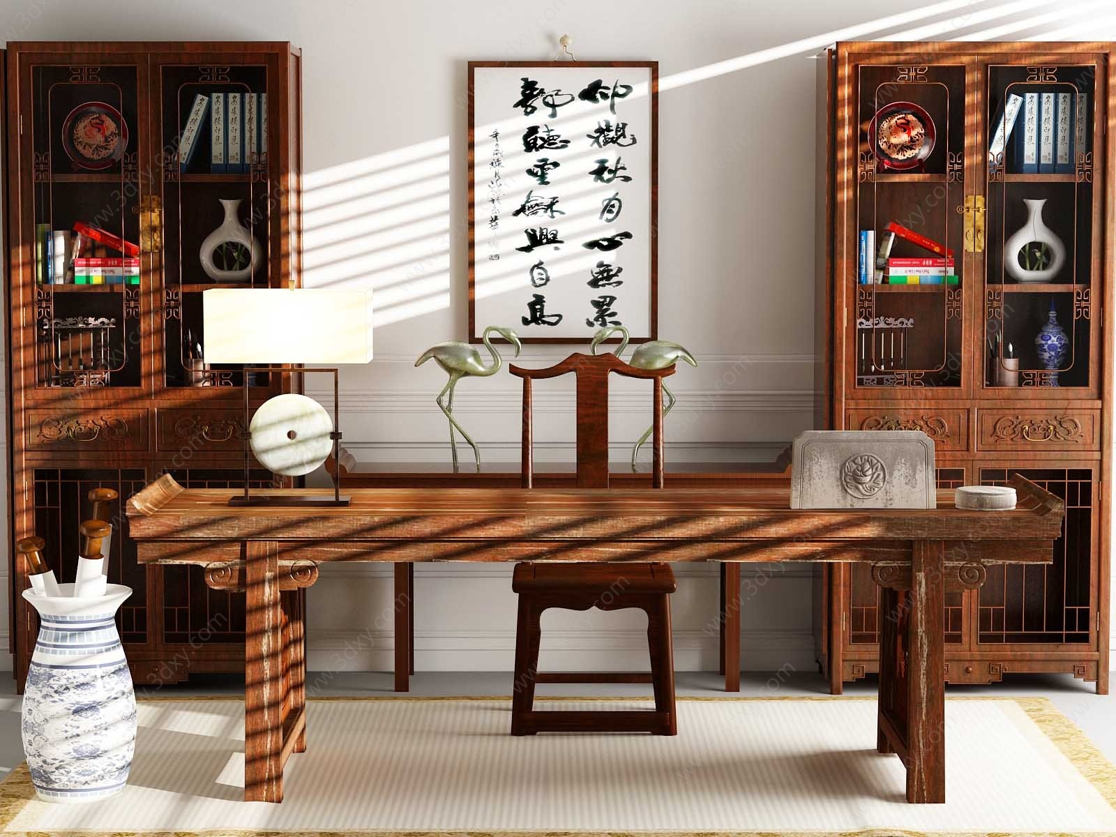中式书房桌椅书架组合3D模型
