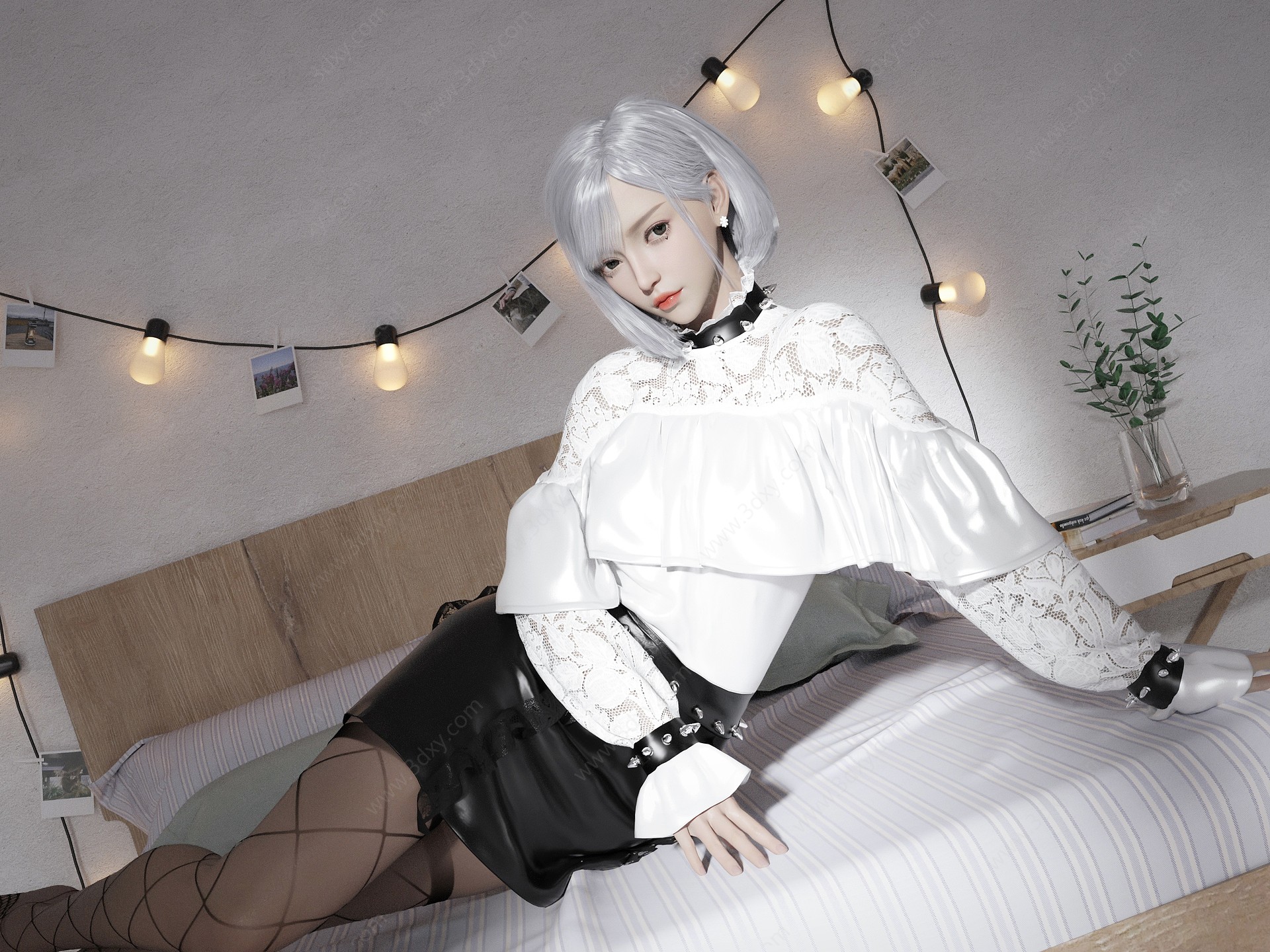 银发女生短裙卧室人物3D模型