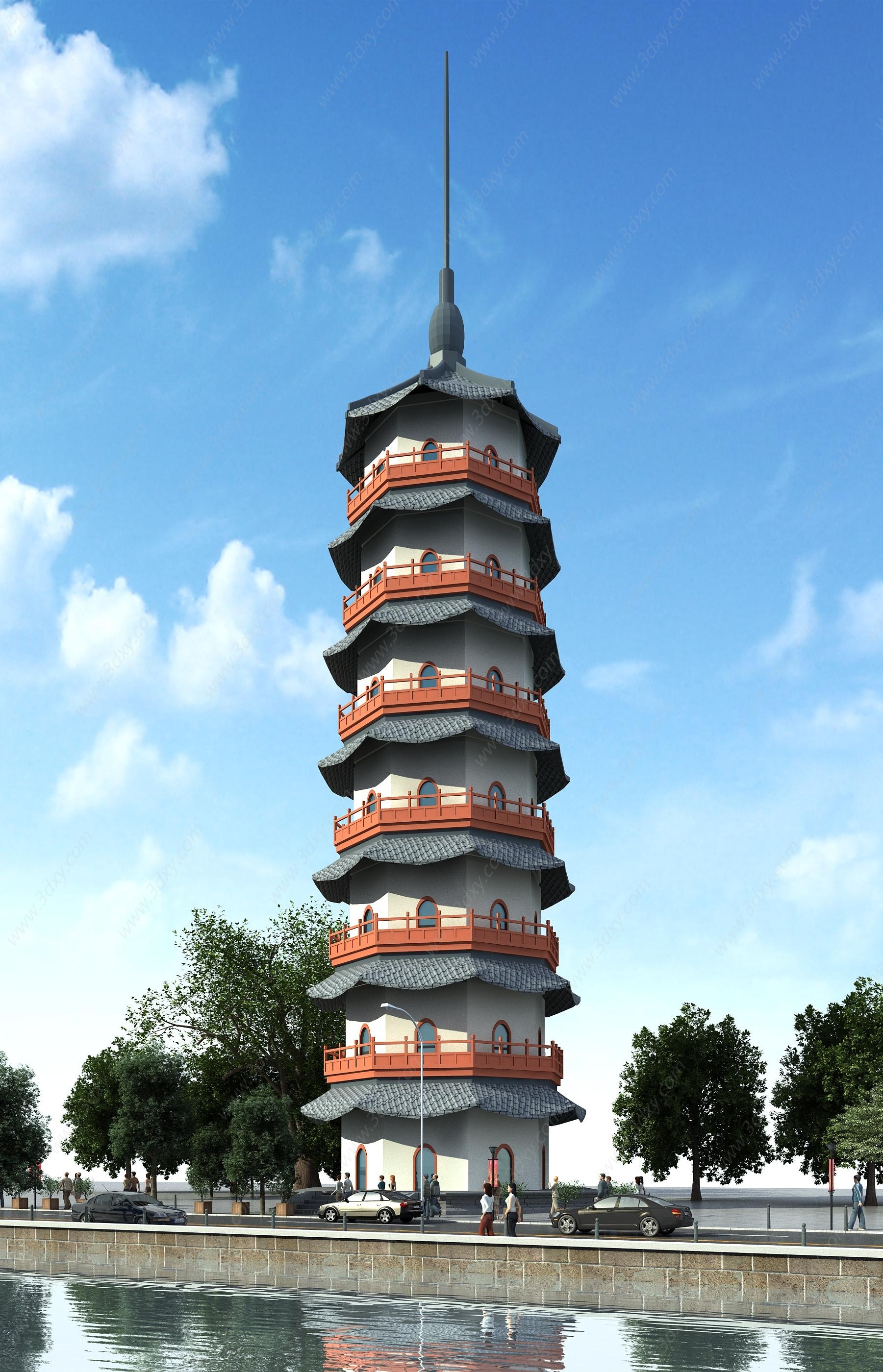 中式寺庙塔楼3D模型