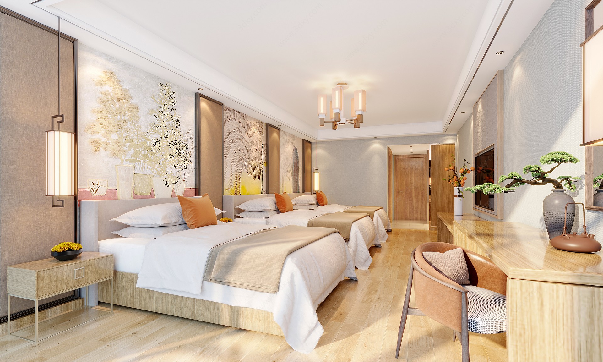 新中式酒店卧室3D模型
