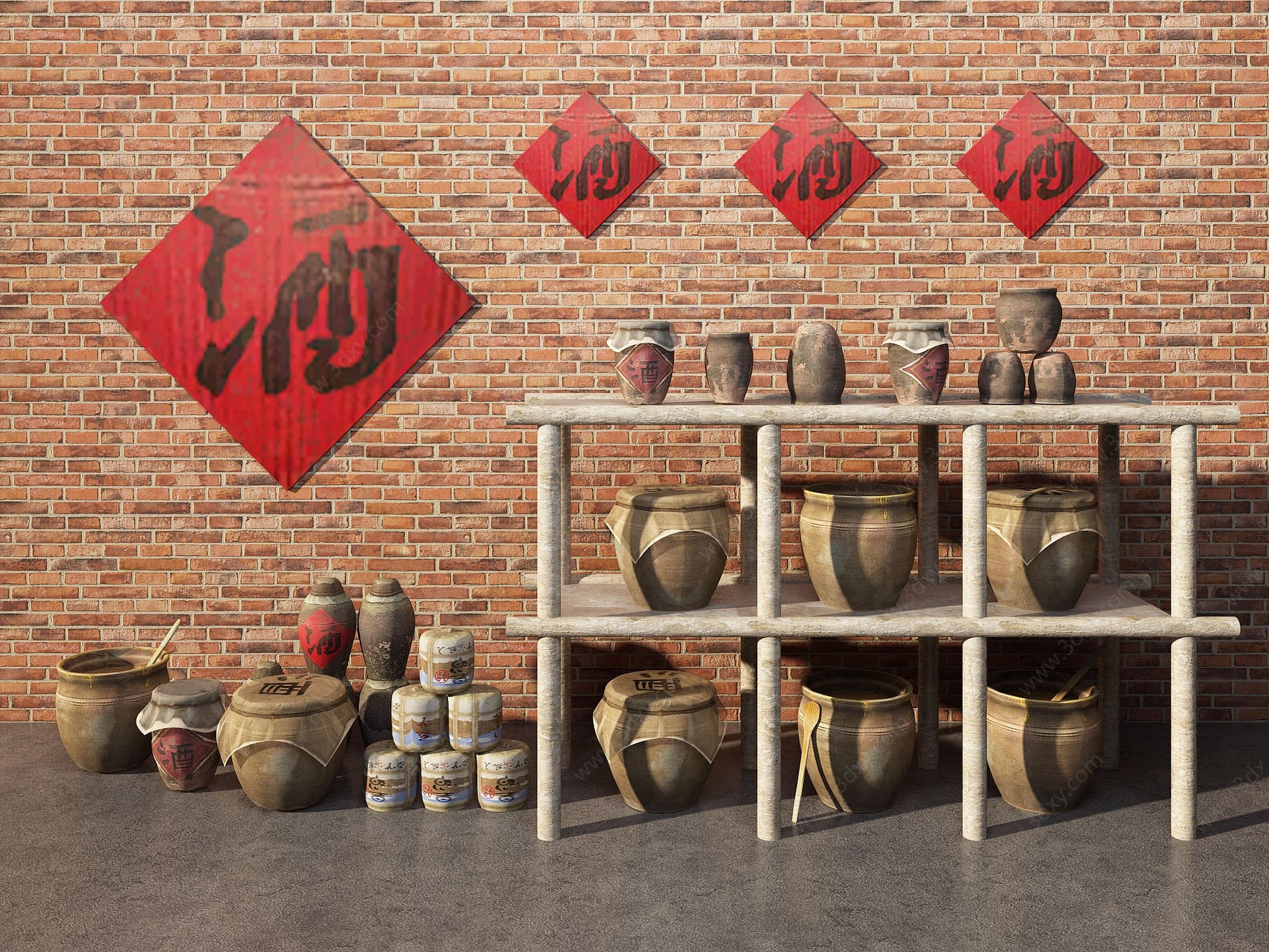 中式酒坛3D模型