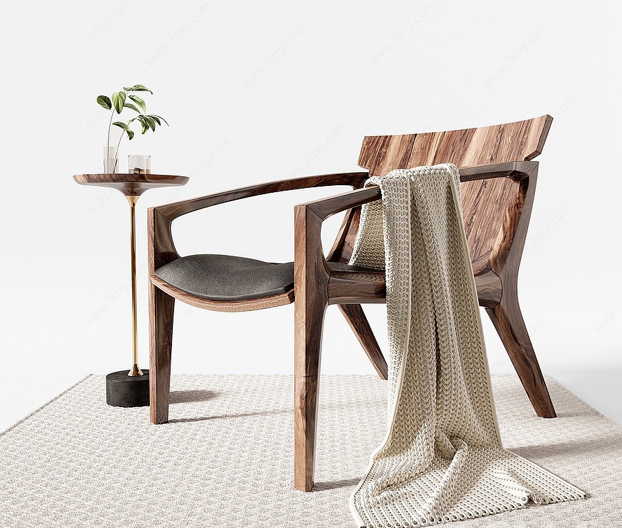现代原木自然风扶手椅3D模型