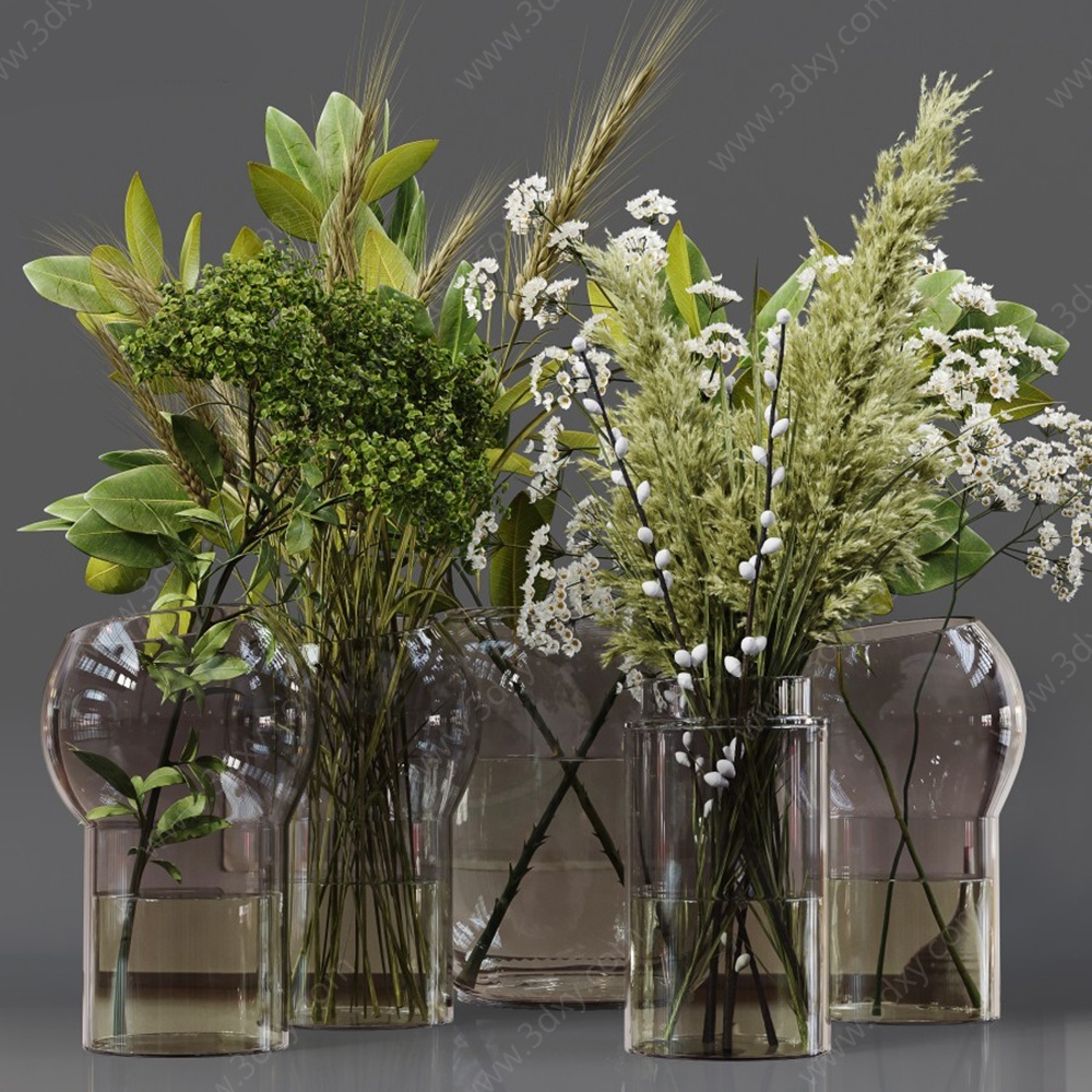 现代玻璃花瓶植物3D模型