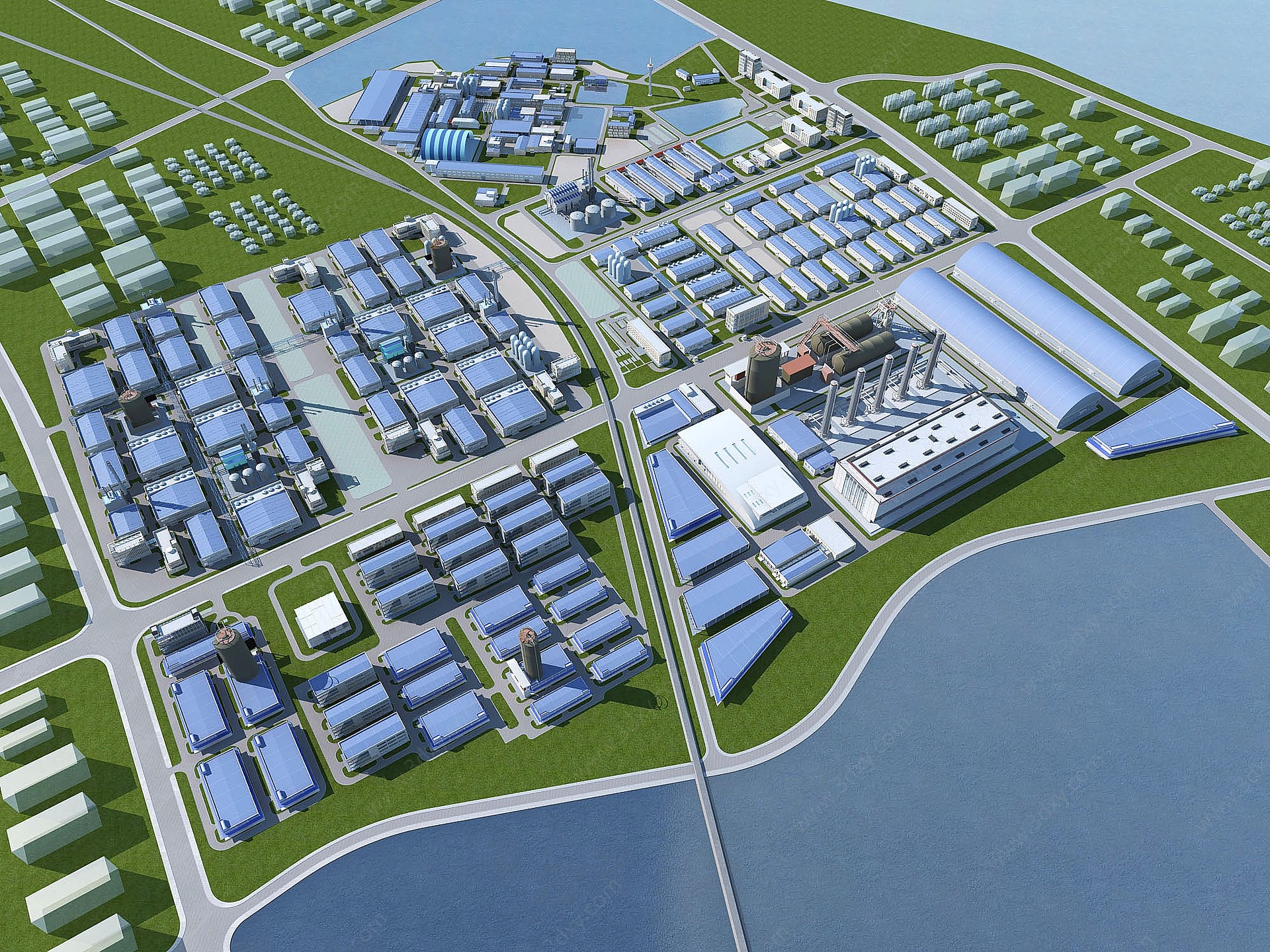 工业厂区厂房园区规划鸟瞰3D模型