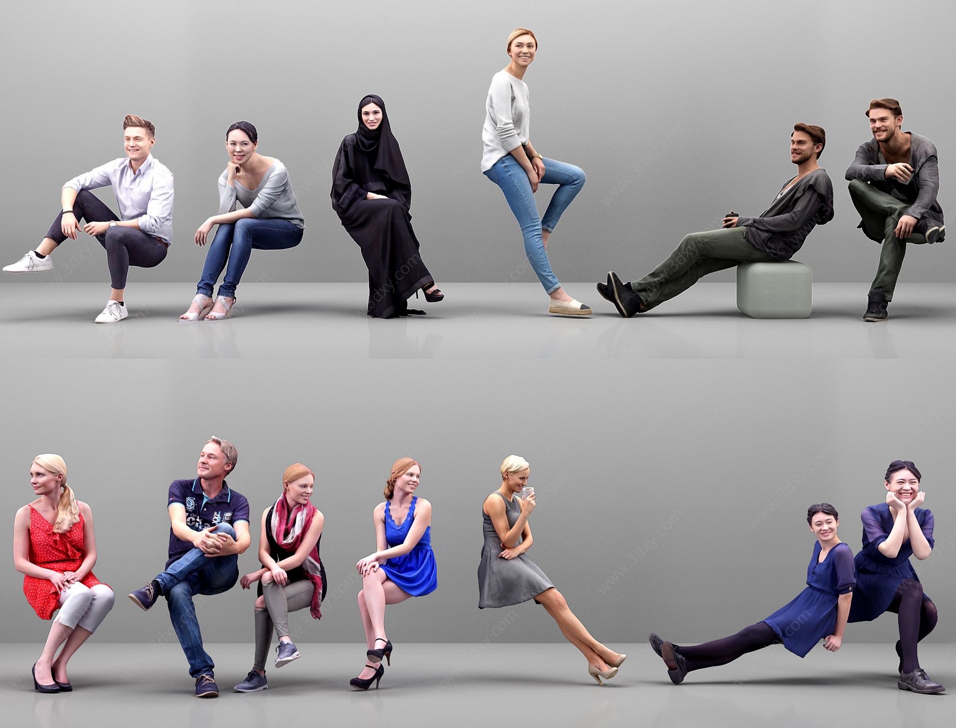 现代坐姿青年男女人物3D模型