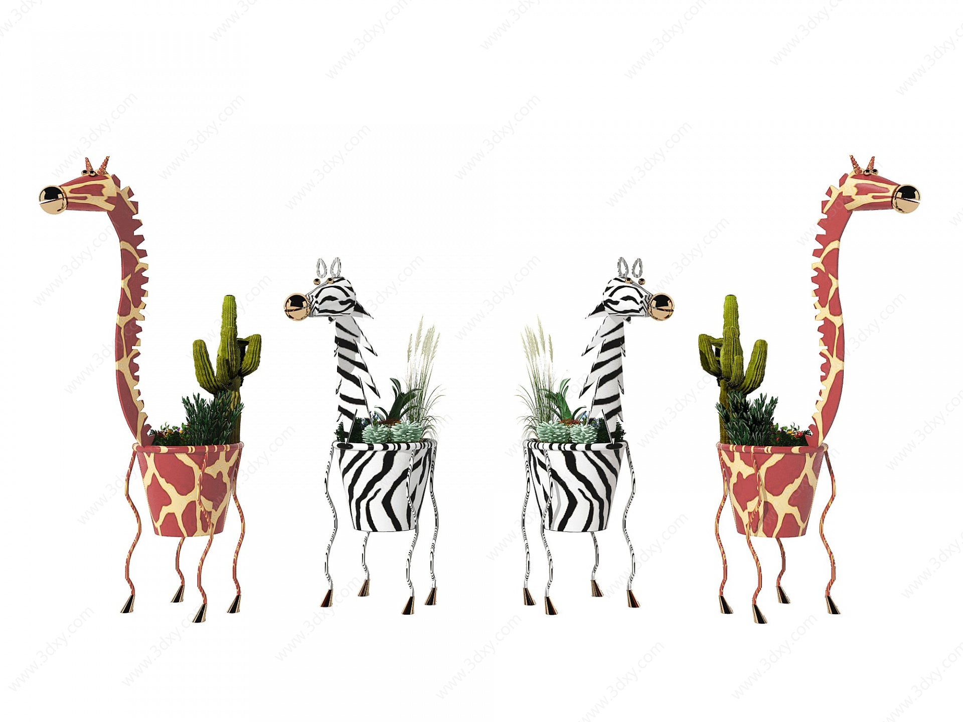 卡通动物长颈鹿仙人掌盆栽3D模型