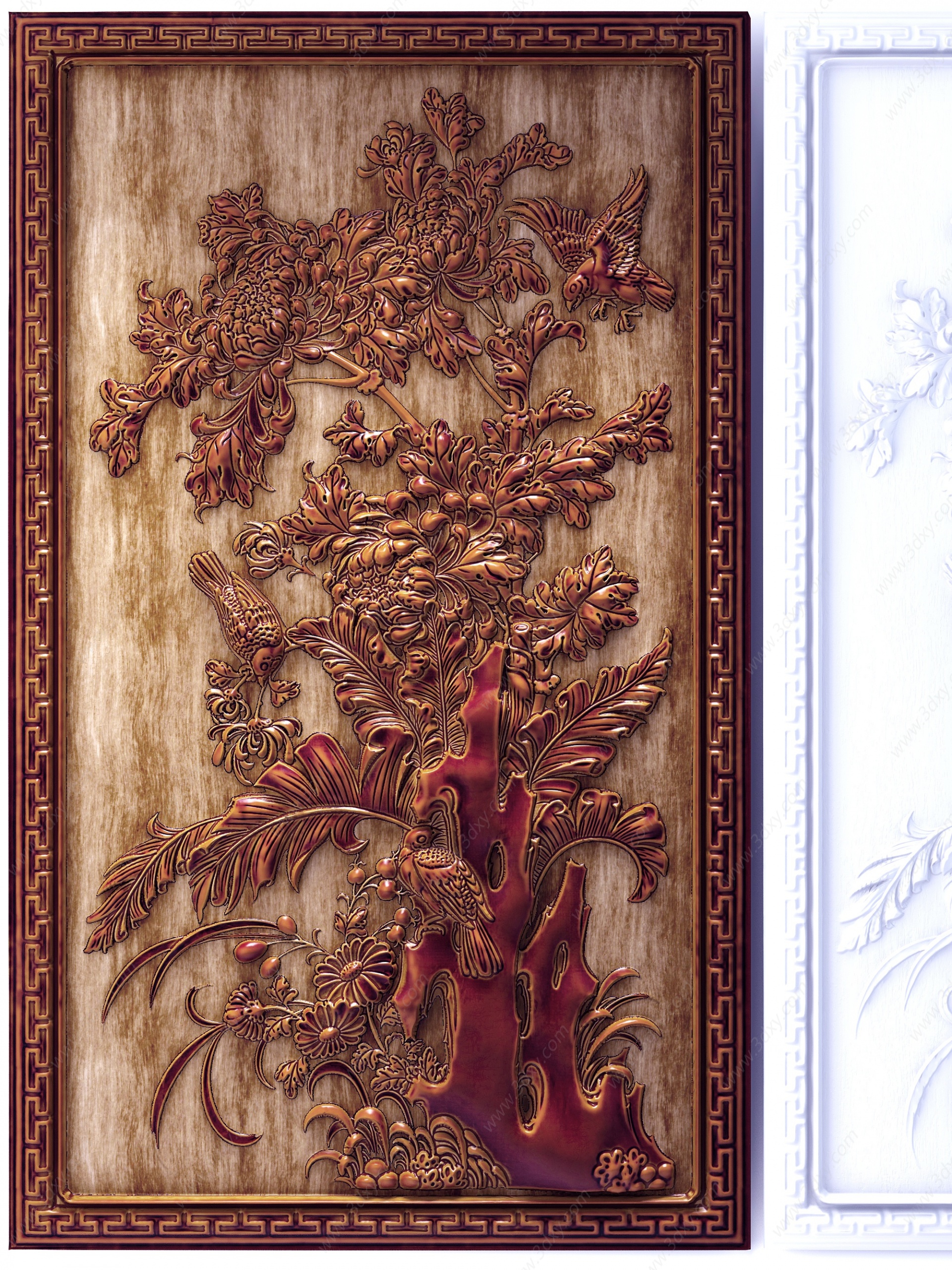 中式花鸟实木木雕3D模型