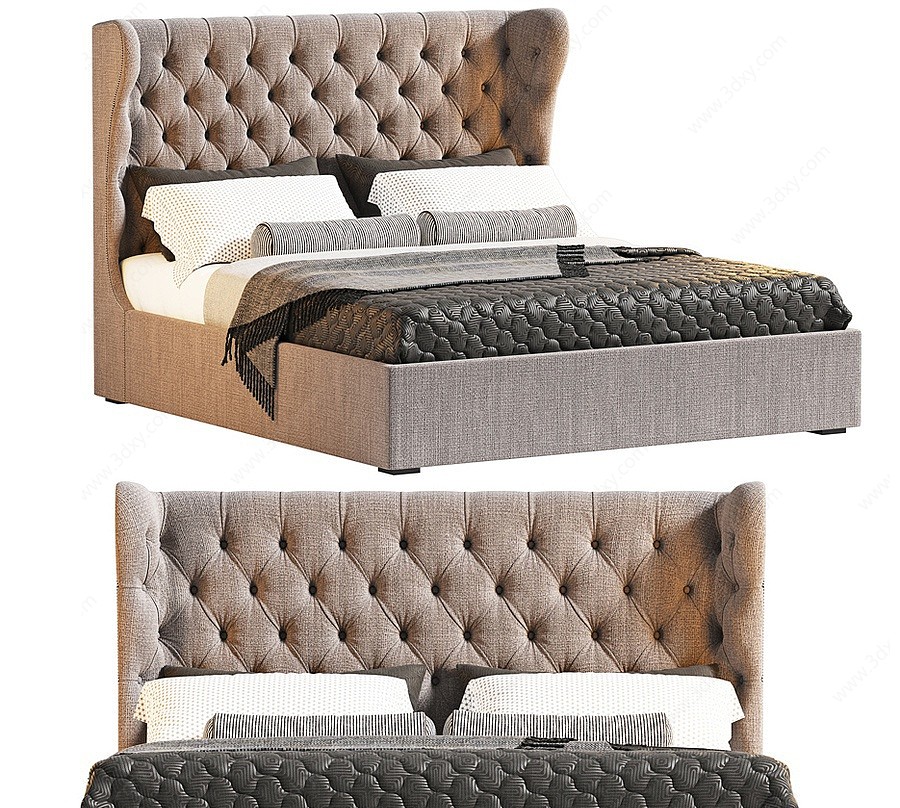 欧式美式皮革软包双人床3D模型