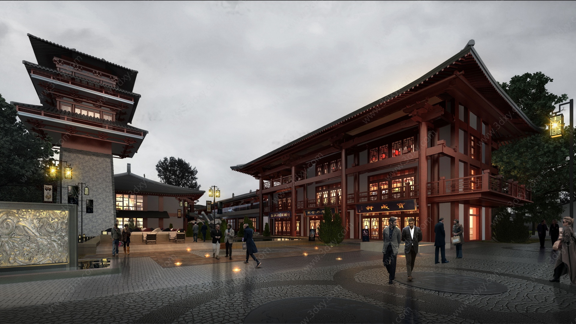 中式古镇别墅塔楼商业街3D模型