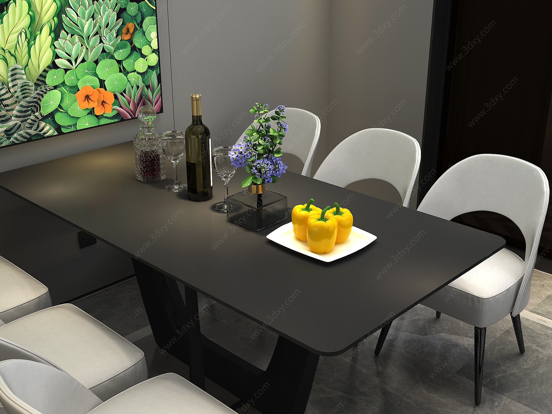 现代轻奢餐厅餐桌摆设3D模型