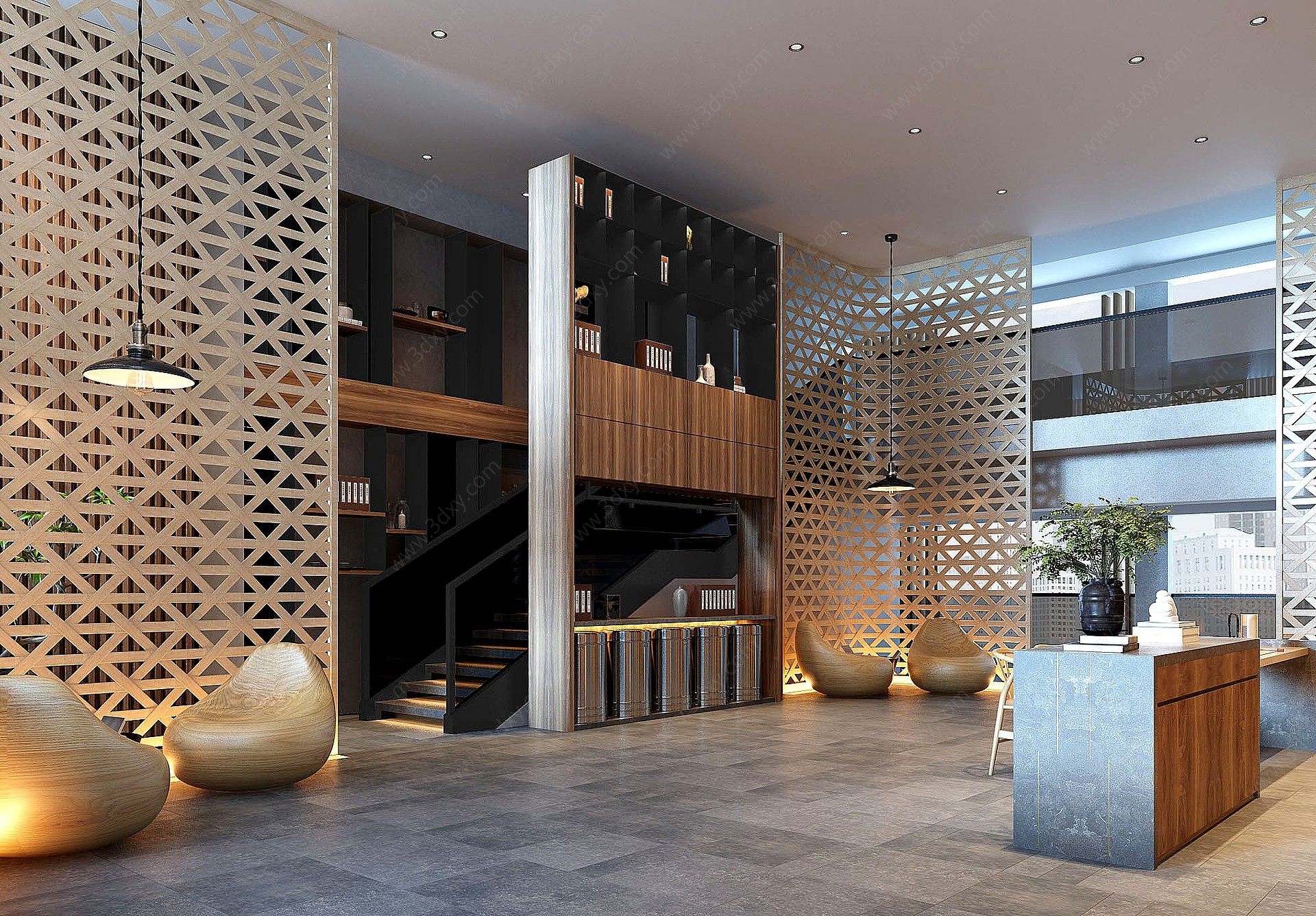 现代新中式酒店大堂3D模型
