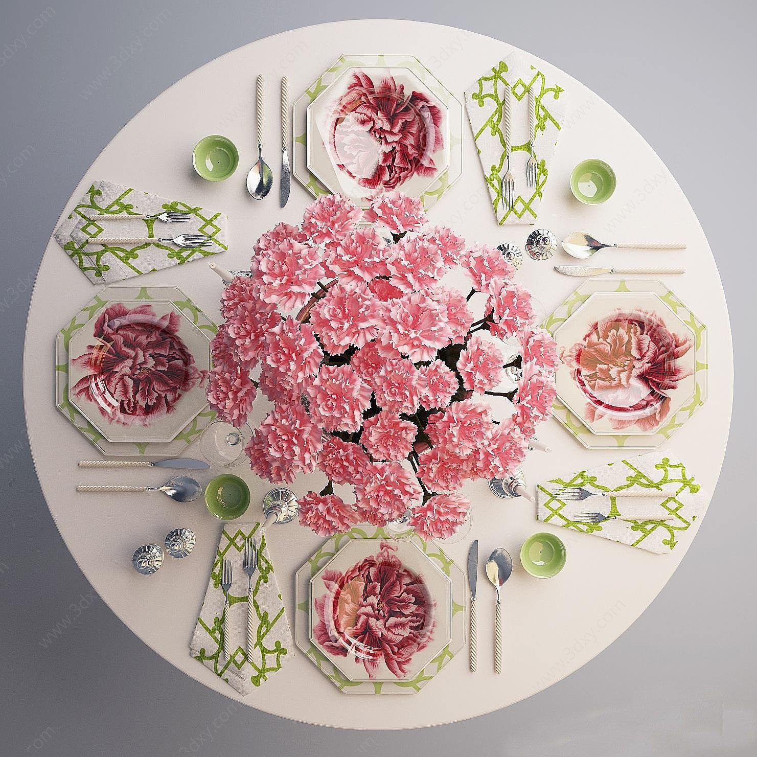 欧式圆桌餐具盘子玫瑰花3D模型