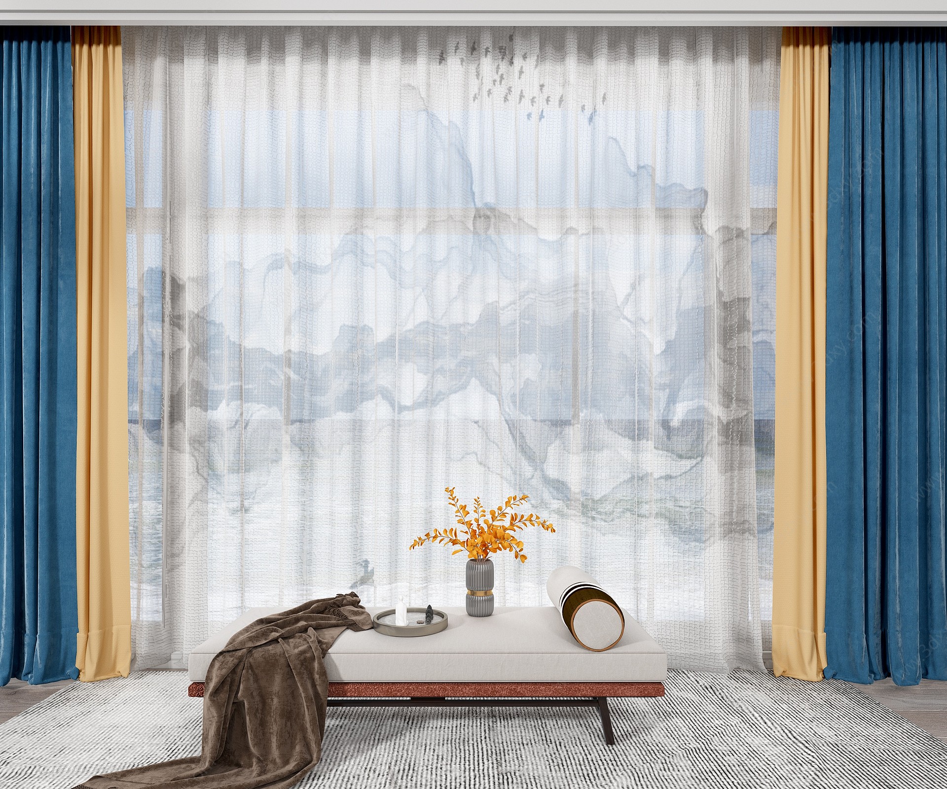 新中式客厅双层窗帘3D模型