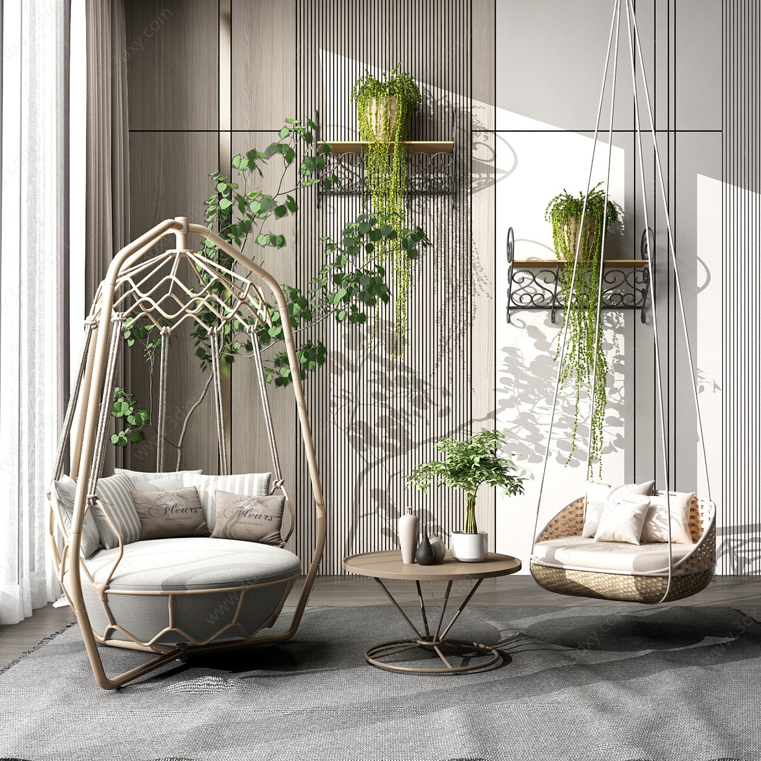 阳台绿植吊椅休闲区3D模型