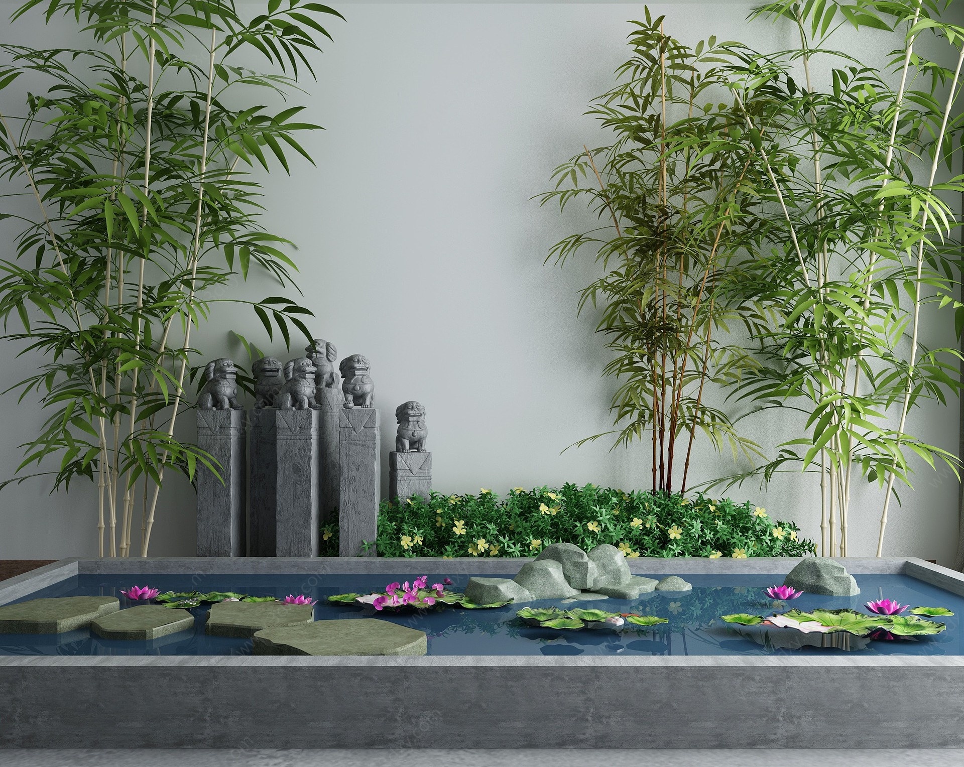 新中式水景庭院小品3D模型