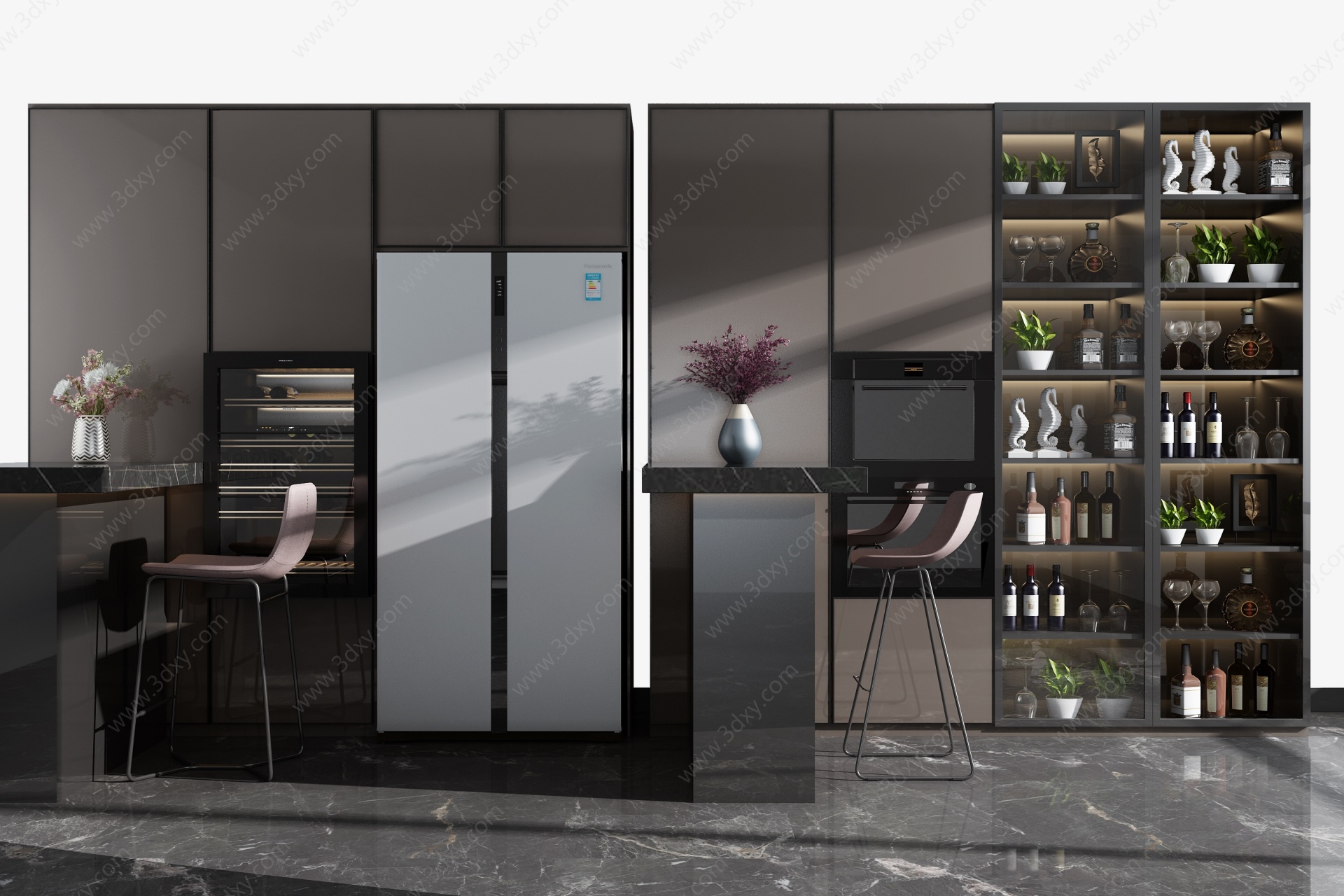 现代酒柜冰箱吧台椅组合3D模型