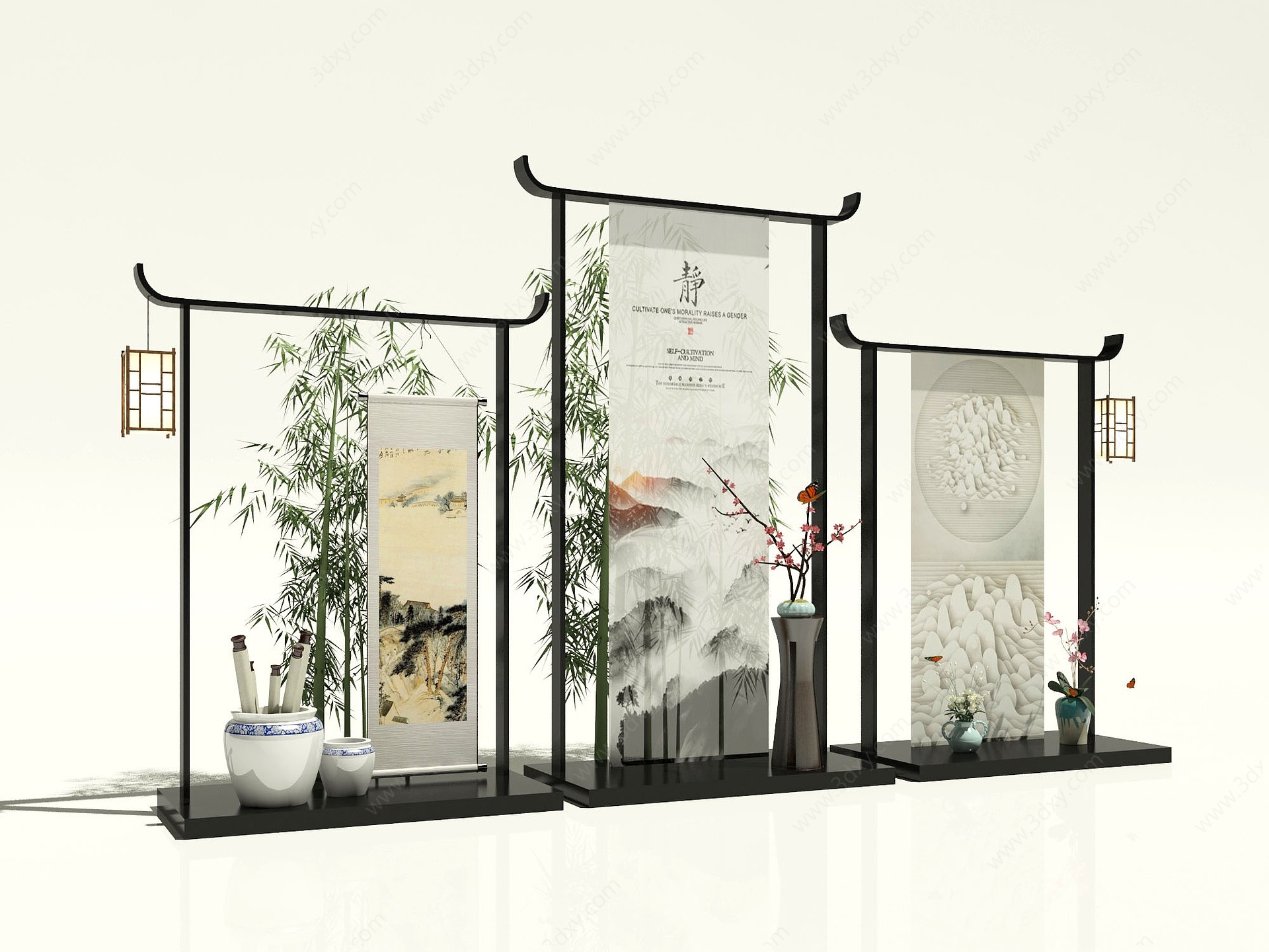 中式美陈竹子花瓶灯笼3D模型