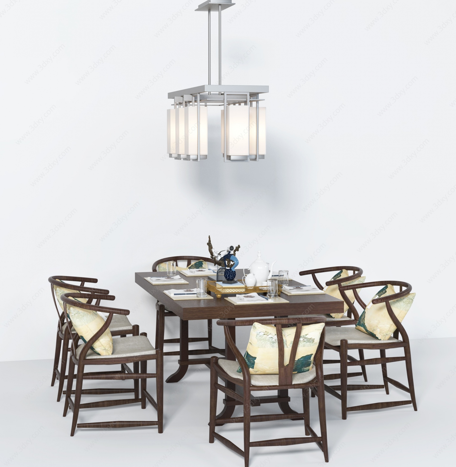 新中式餐桌椅摆件吊灯组合3D模型