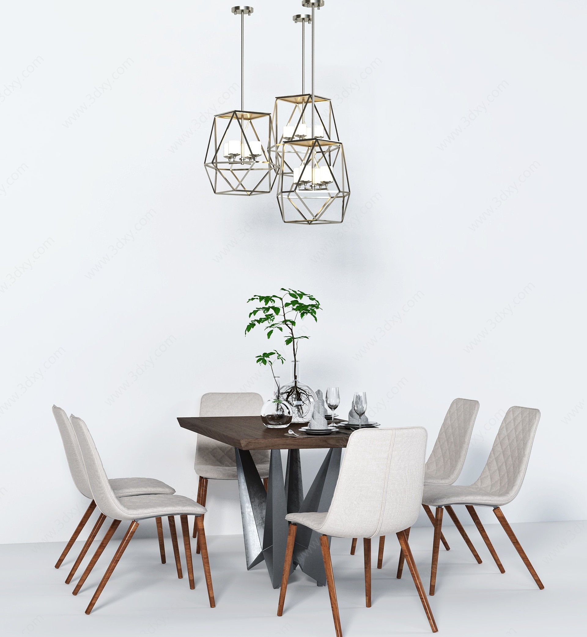 现代餐桌椅桌花吊灯组合3D模型