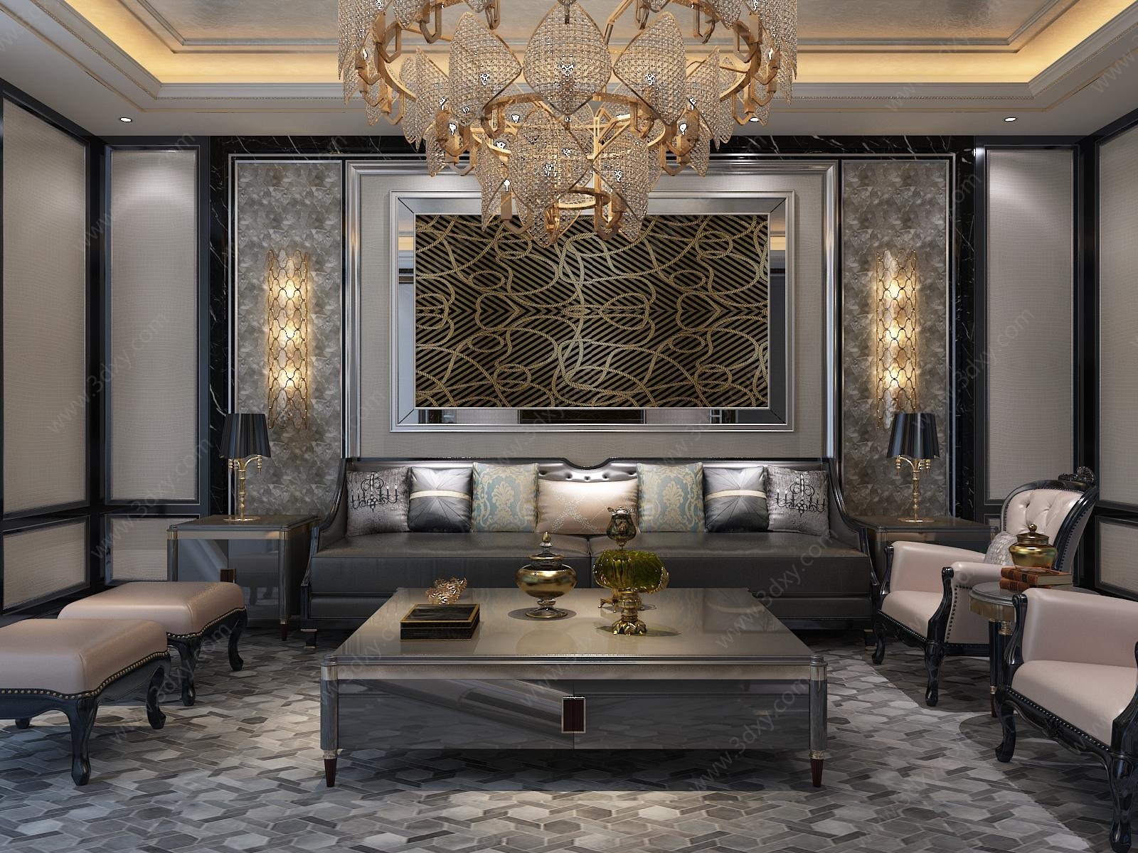 新古典客厅沙发茶几组合3D模型