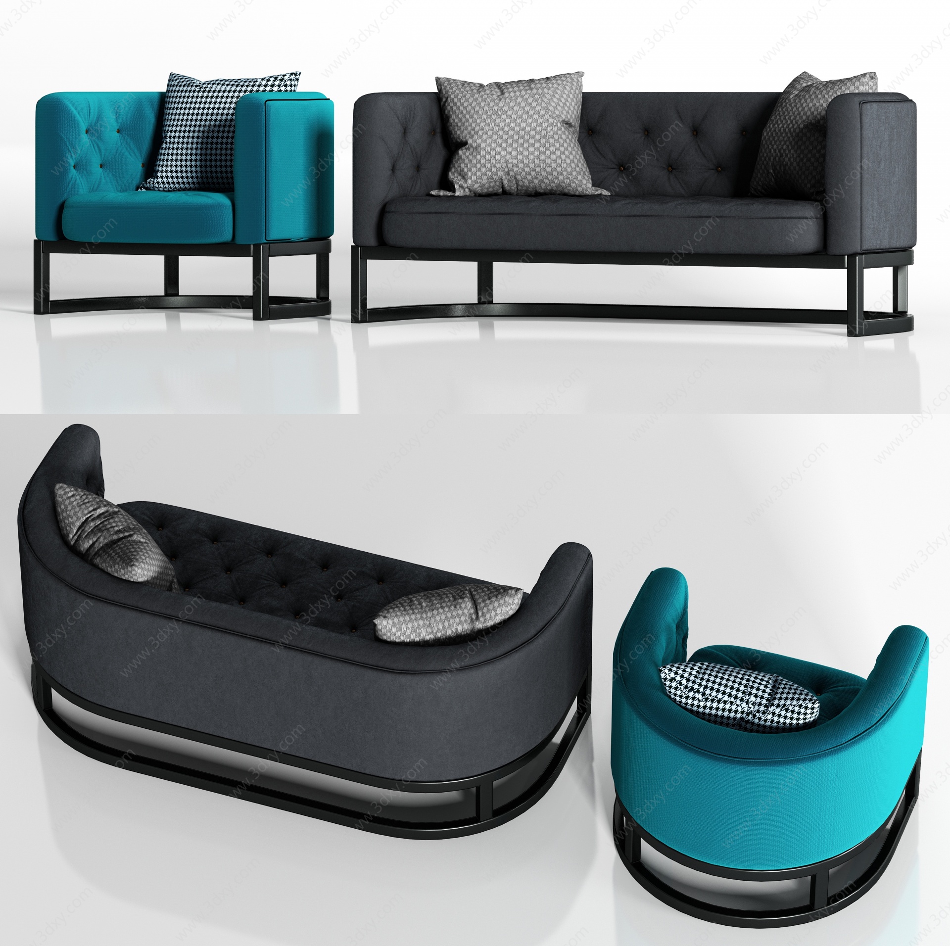 现代金属绒布沙发组合3D模型