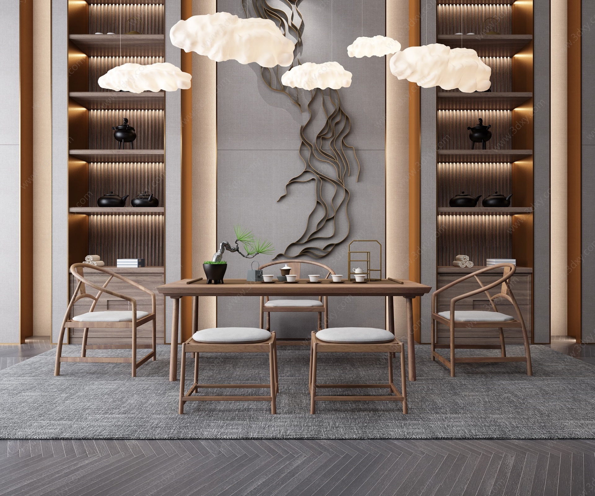 新中式茶室墙柜云朵吊灯3D模型