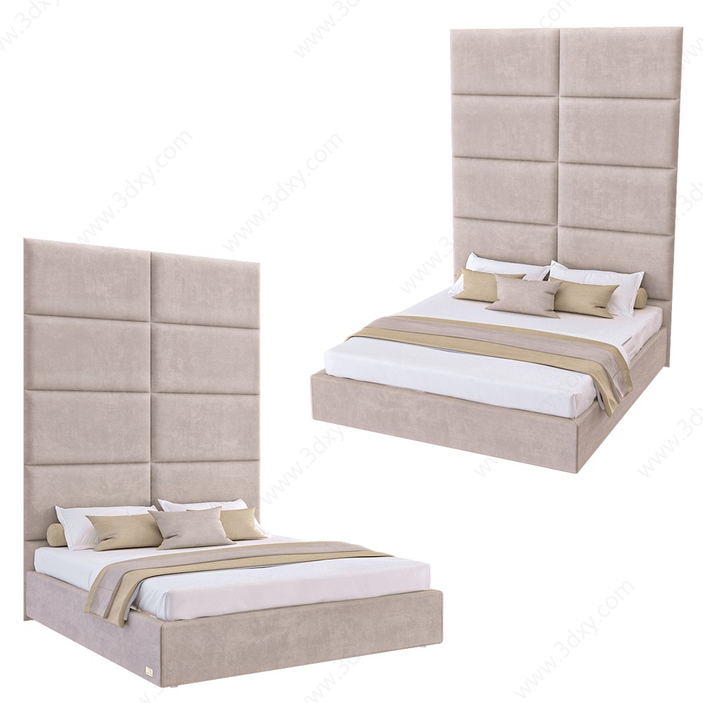 现代软包一体式休闲双人床3D模型