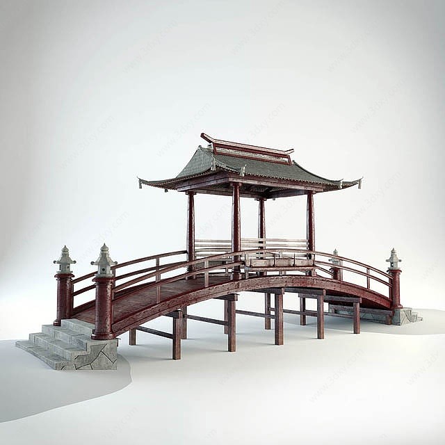 中式古建凉亭木拱桥3D模型