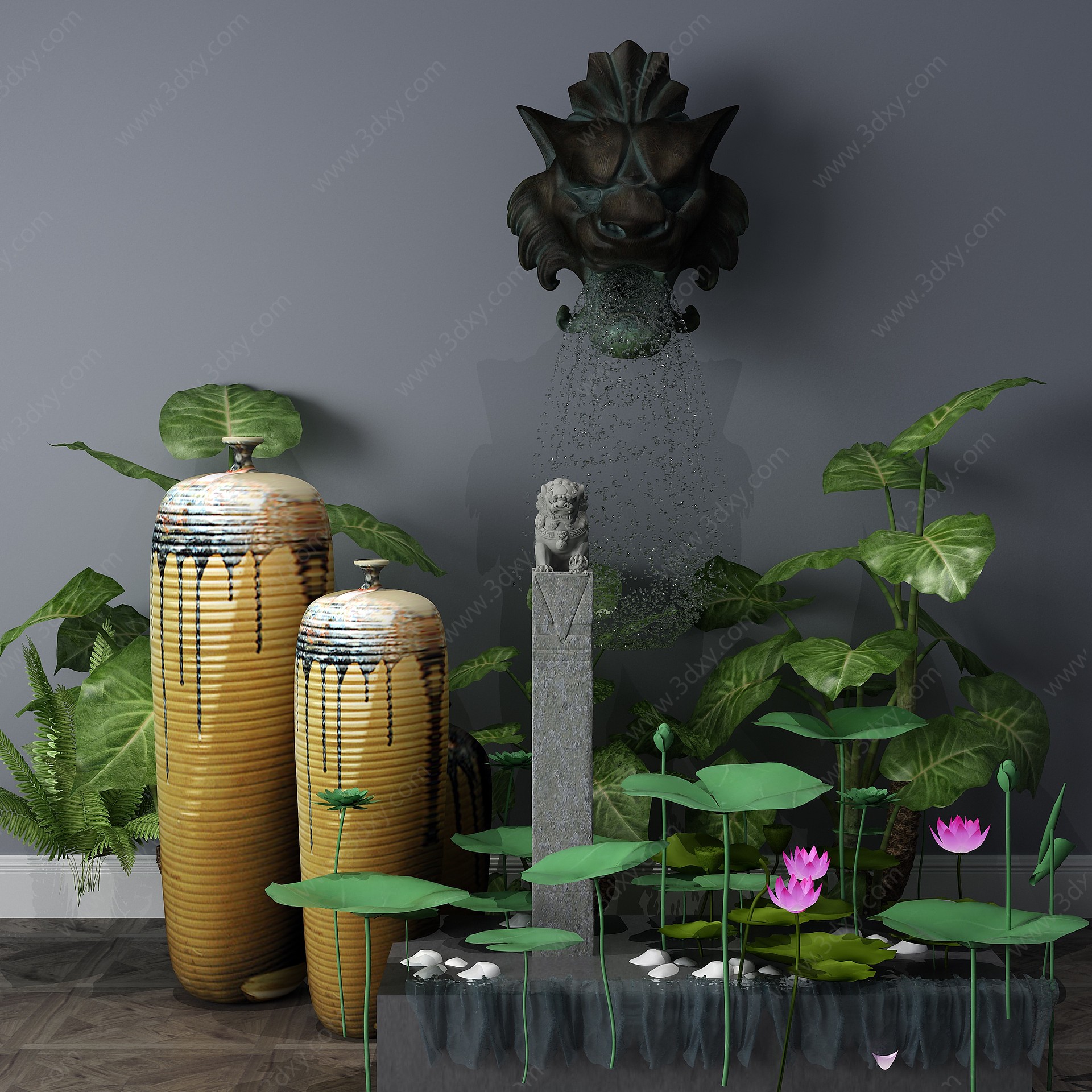 中式植物小品假山喷泉3D模型