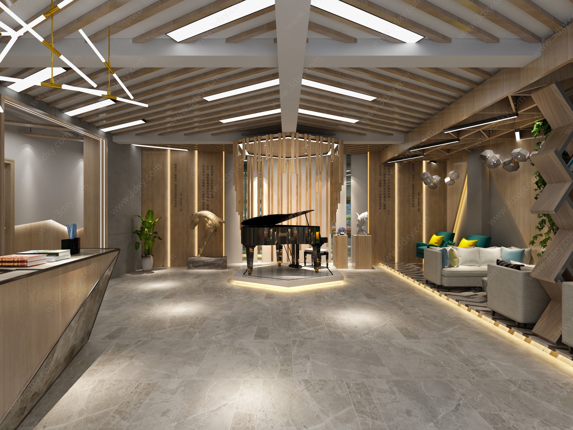 现代钢琴演播厅吊灯过道3D模型