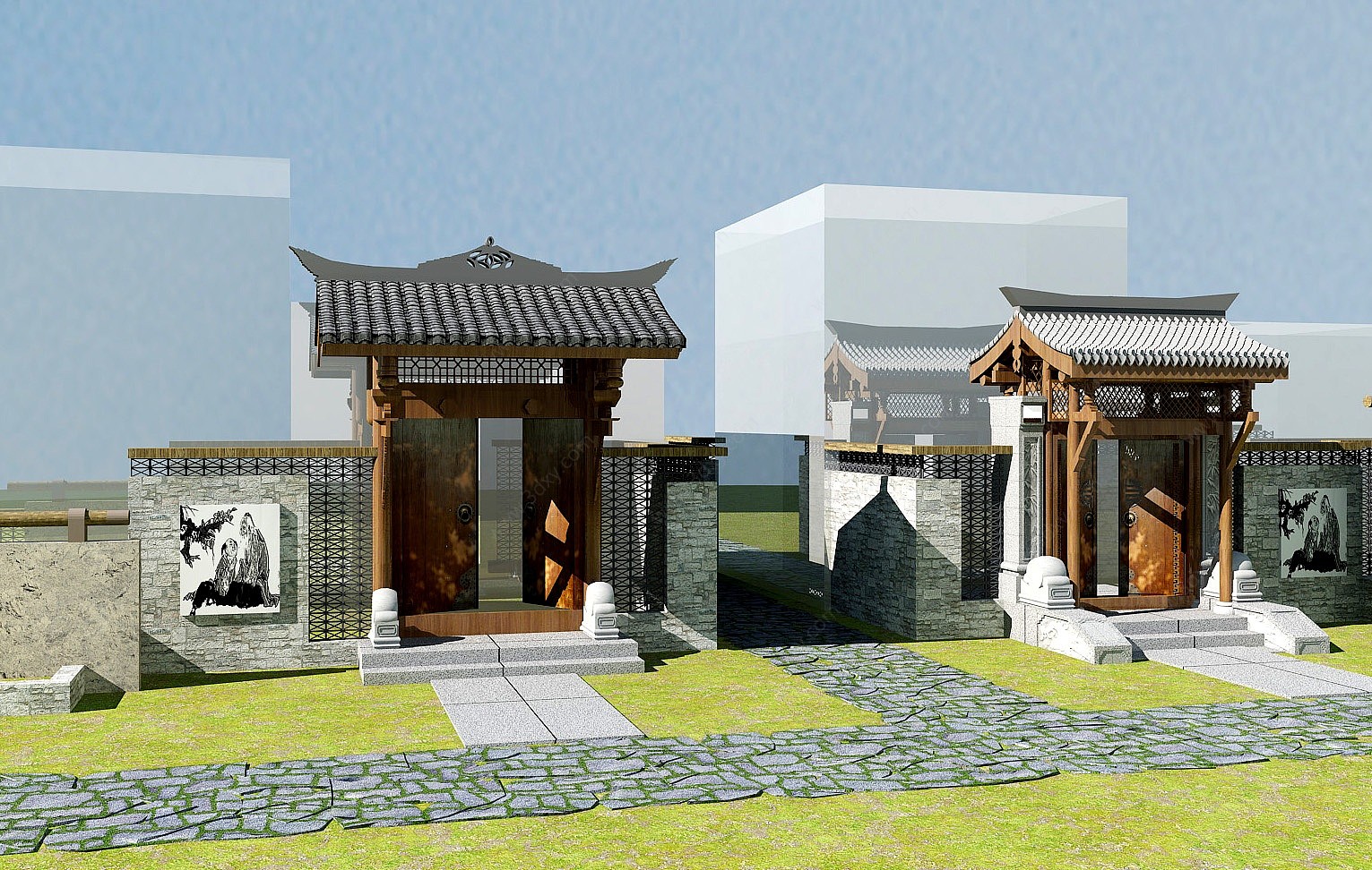 新中式景观庭院售楼处别墅3D模型