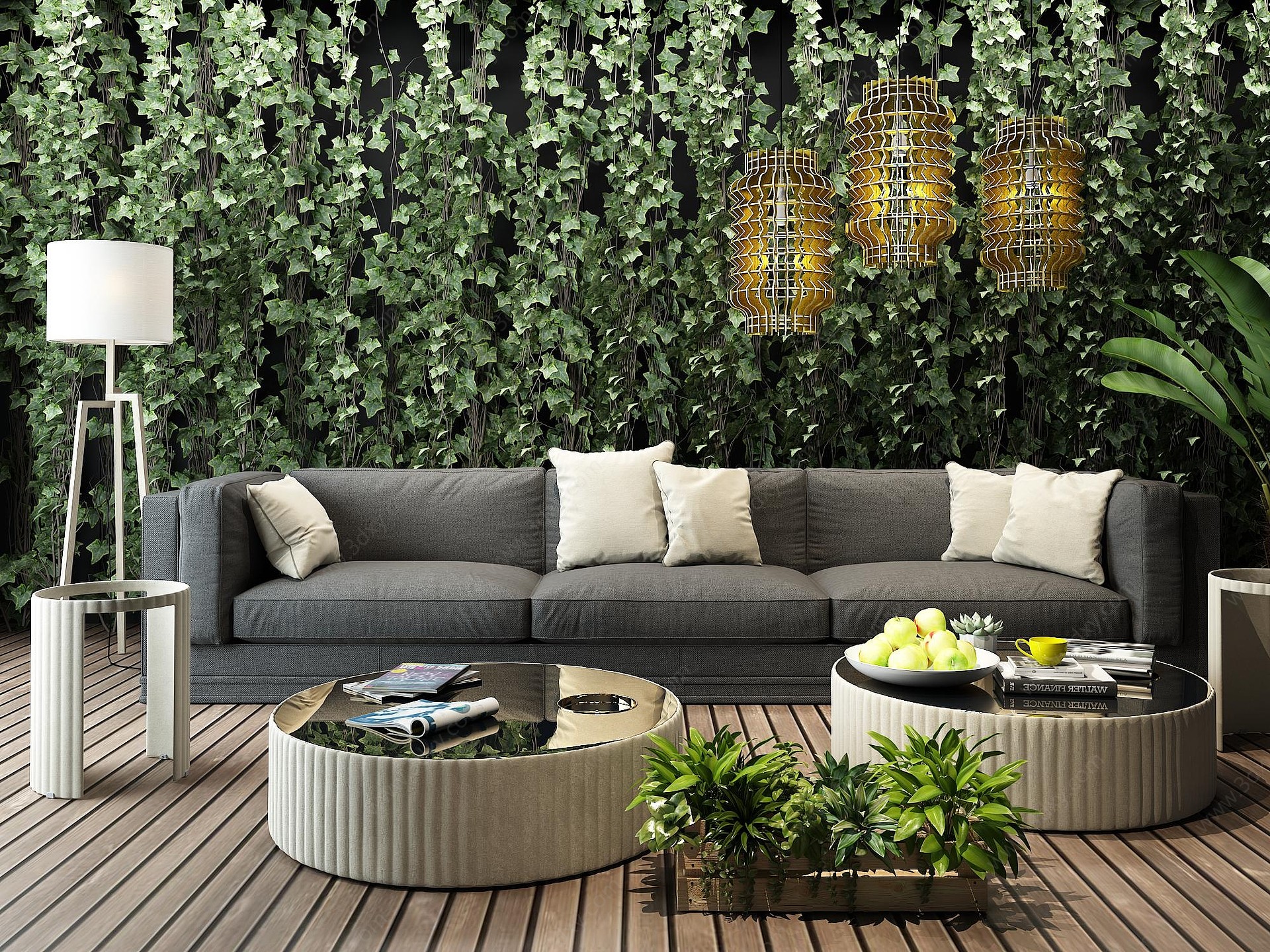 日式绿植墙沙发组合3D模型