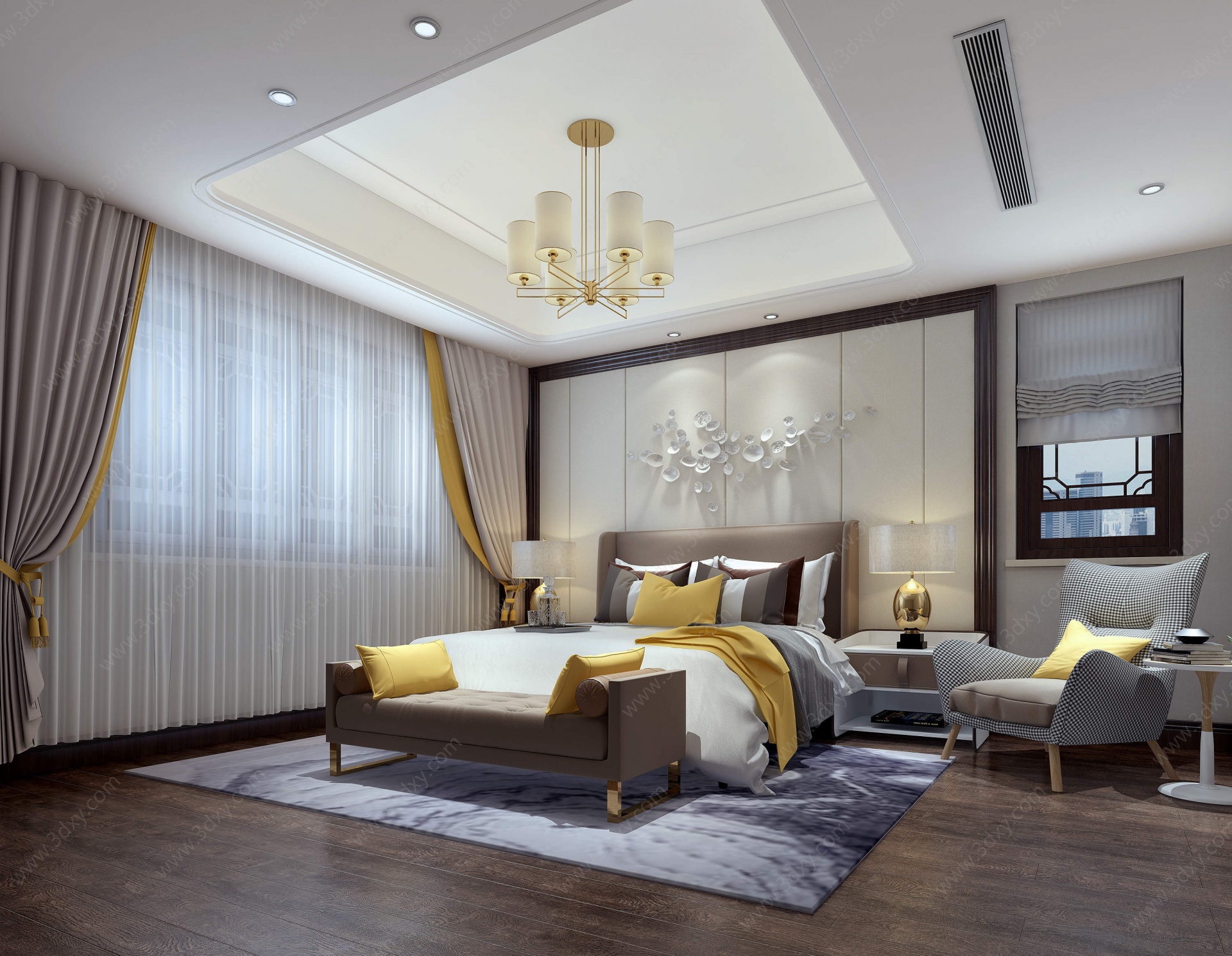 新中式卧室床床头柜3D模型