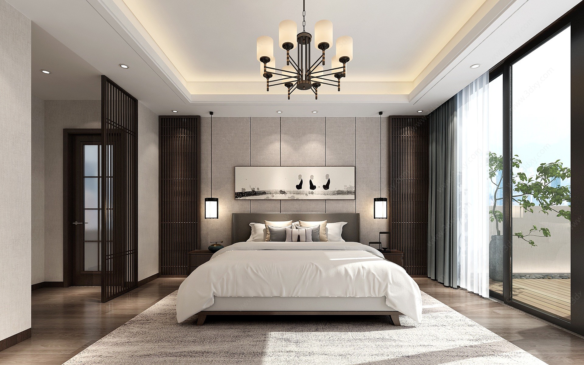 新中式卧室床吊灯挂画3D模型