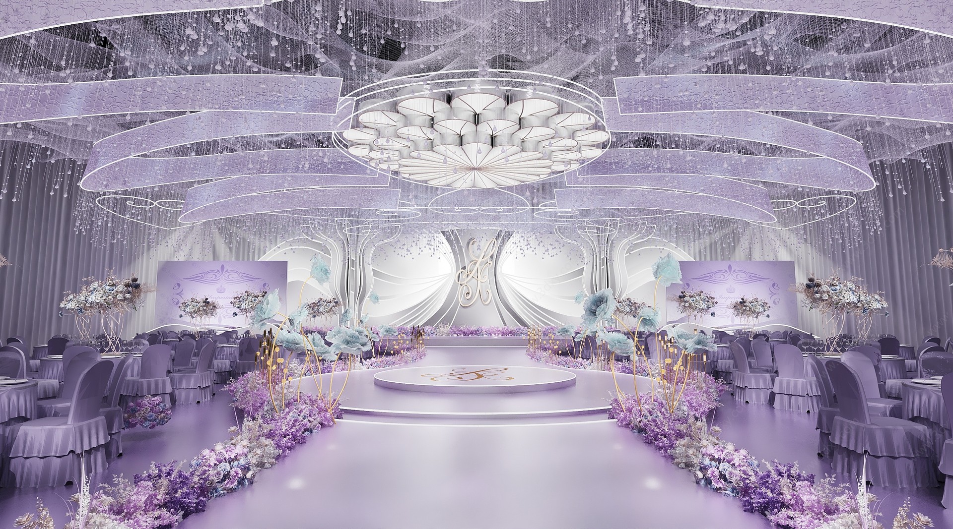 现代浅紫色婚礼宴会3D模型