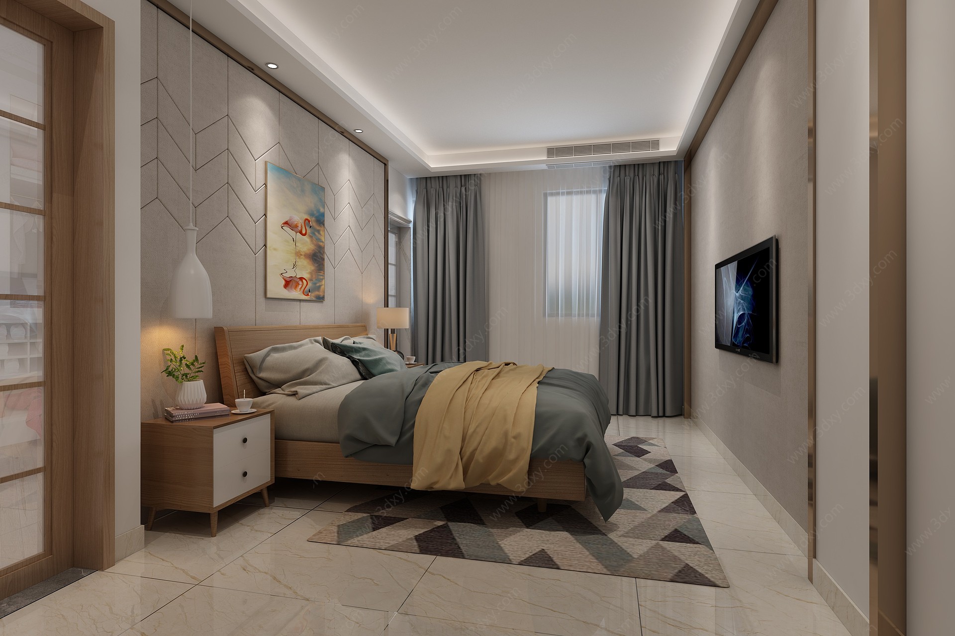 现代卧室床画窗帘电视床3D模型